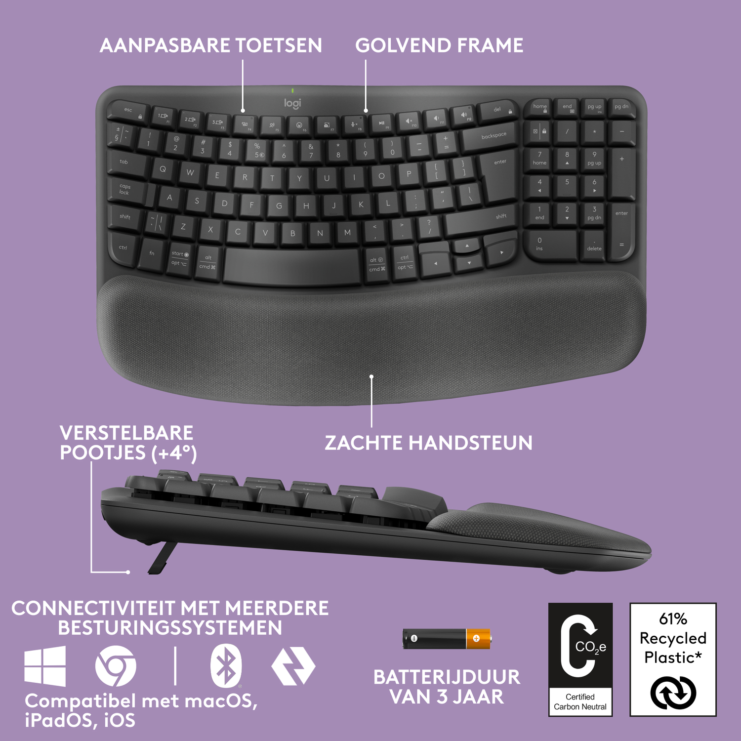 Czarna klawiatura z podpórką pod nadgarstki, białym tekstem i wieloma klawiszami funkcyjnymi, na białym tle.