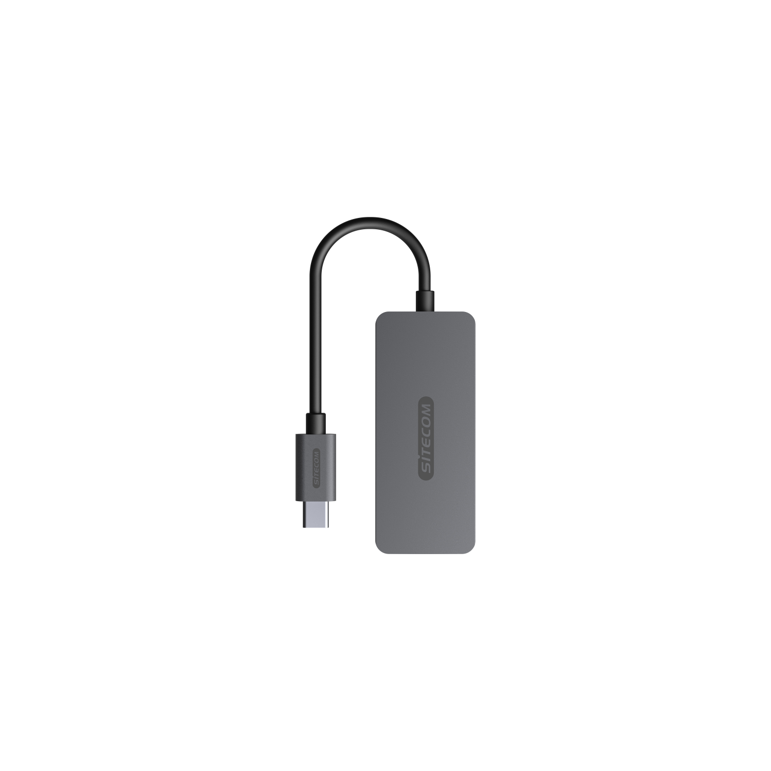 Ein grauer Sitecom USB-C-zu-USB-Adapter. Er ist vor schwarzem Hintergrund.