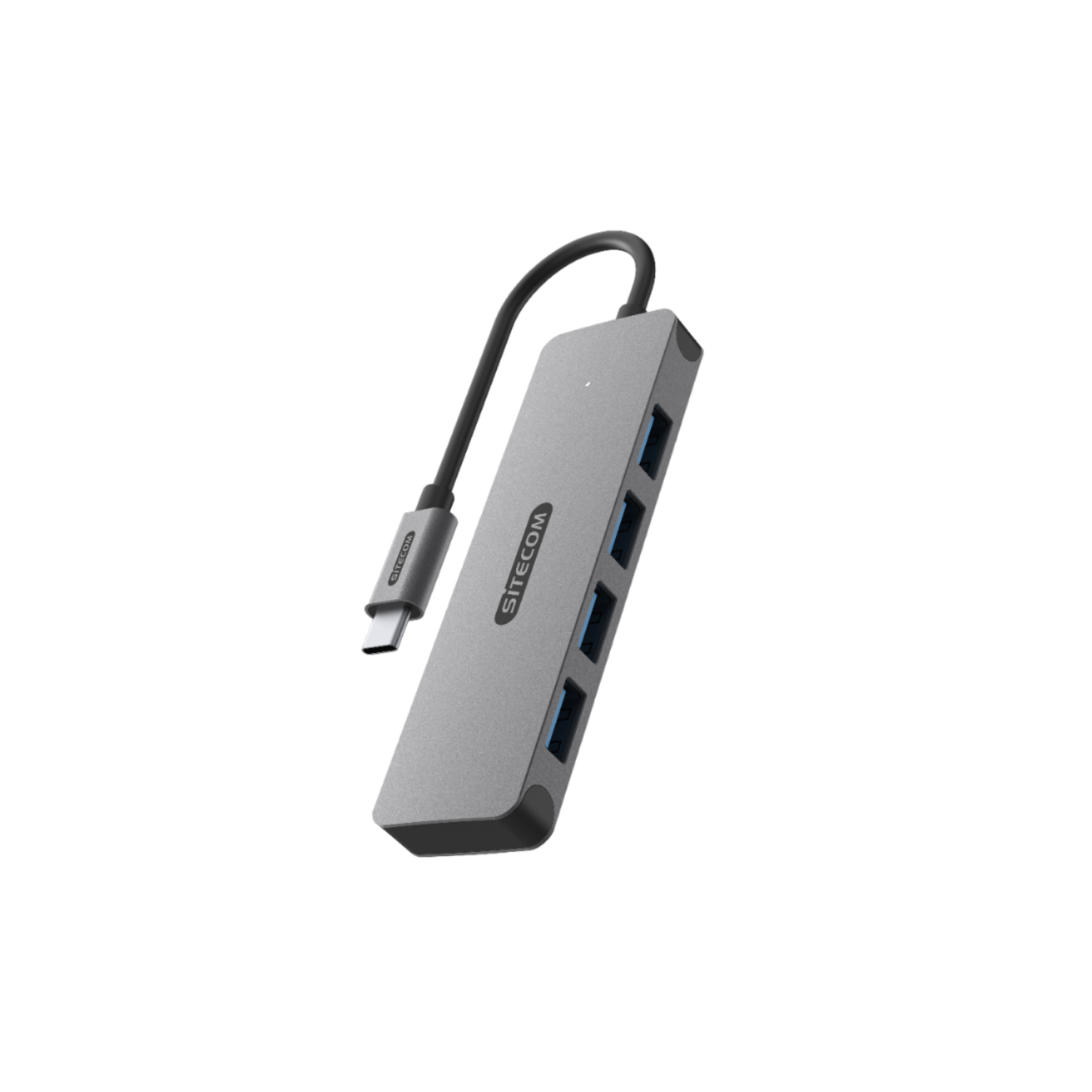 Grijze Sitecom USB hub met kabel en vier poorten. Zwarte achtergrond.