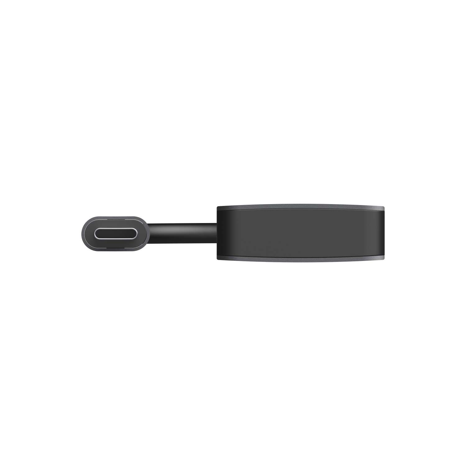 Bovenaanzicht van een zwarte USB-C hub met aangesloten kabel, op zwarte achtergrond.