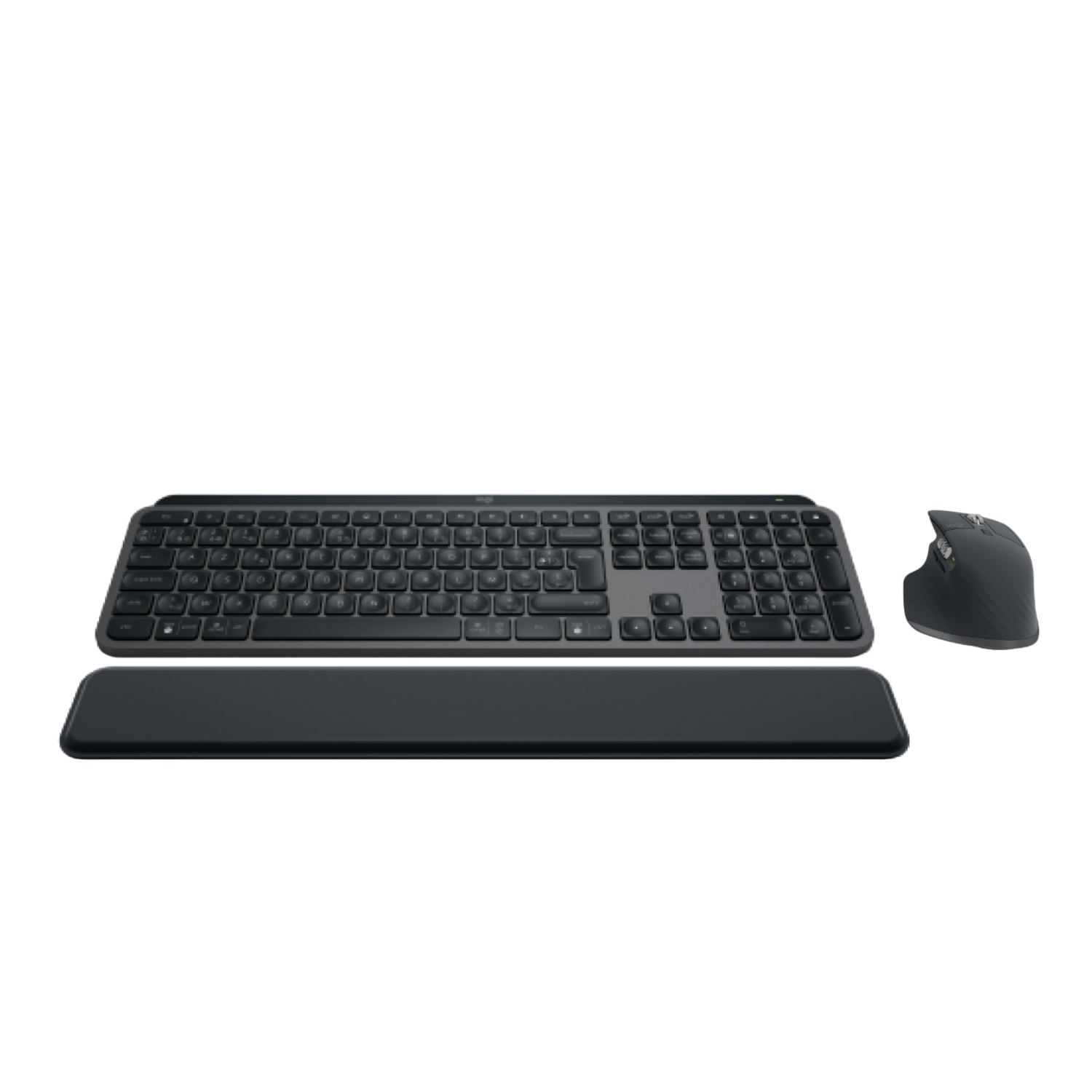 Czarna klawiatura, podpórka pod nadgarstek i mysz na czarnym tle. Wszystkie marki Logitech.