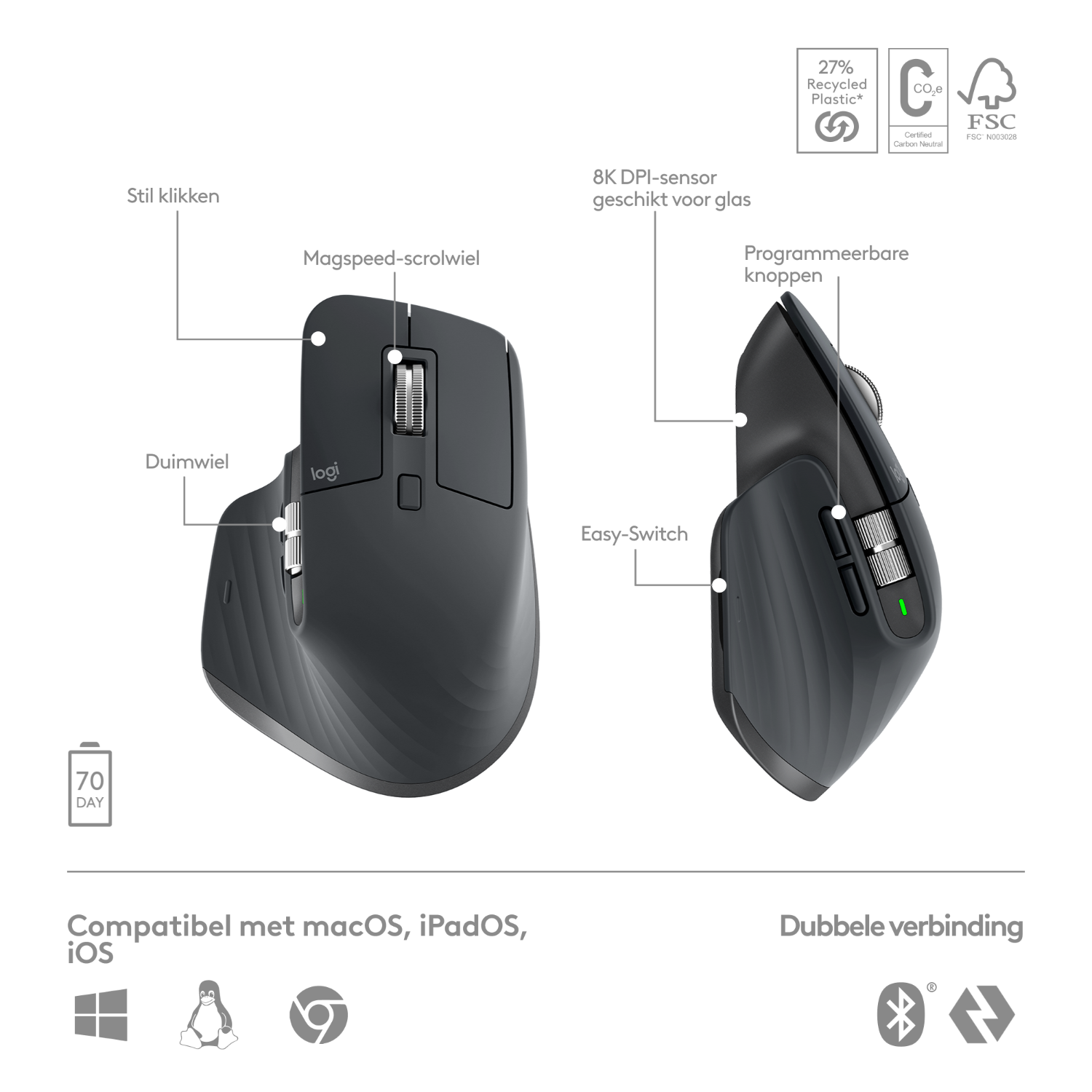 Mysz Logitech, czarna, z opisanymi przyciskami i kółkiem, na białym tle.