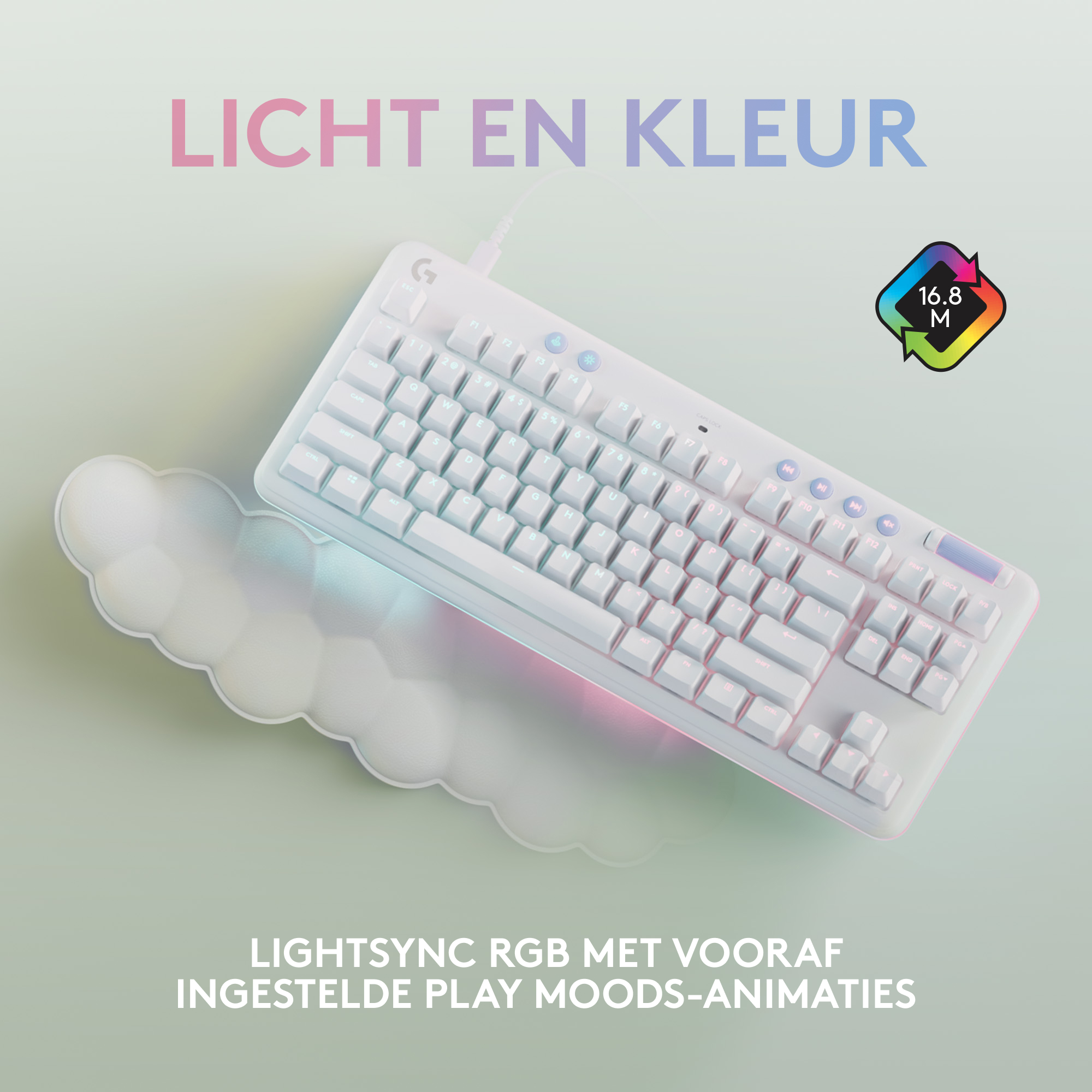 Tastiera bianca con illuminazione RGB su un cuscinetto a forma di nuvola. Testo: 'LIGHTSYNC RGB' e '16.8 M'.