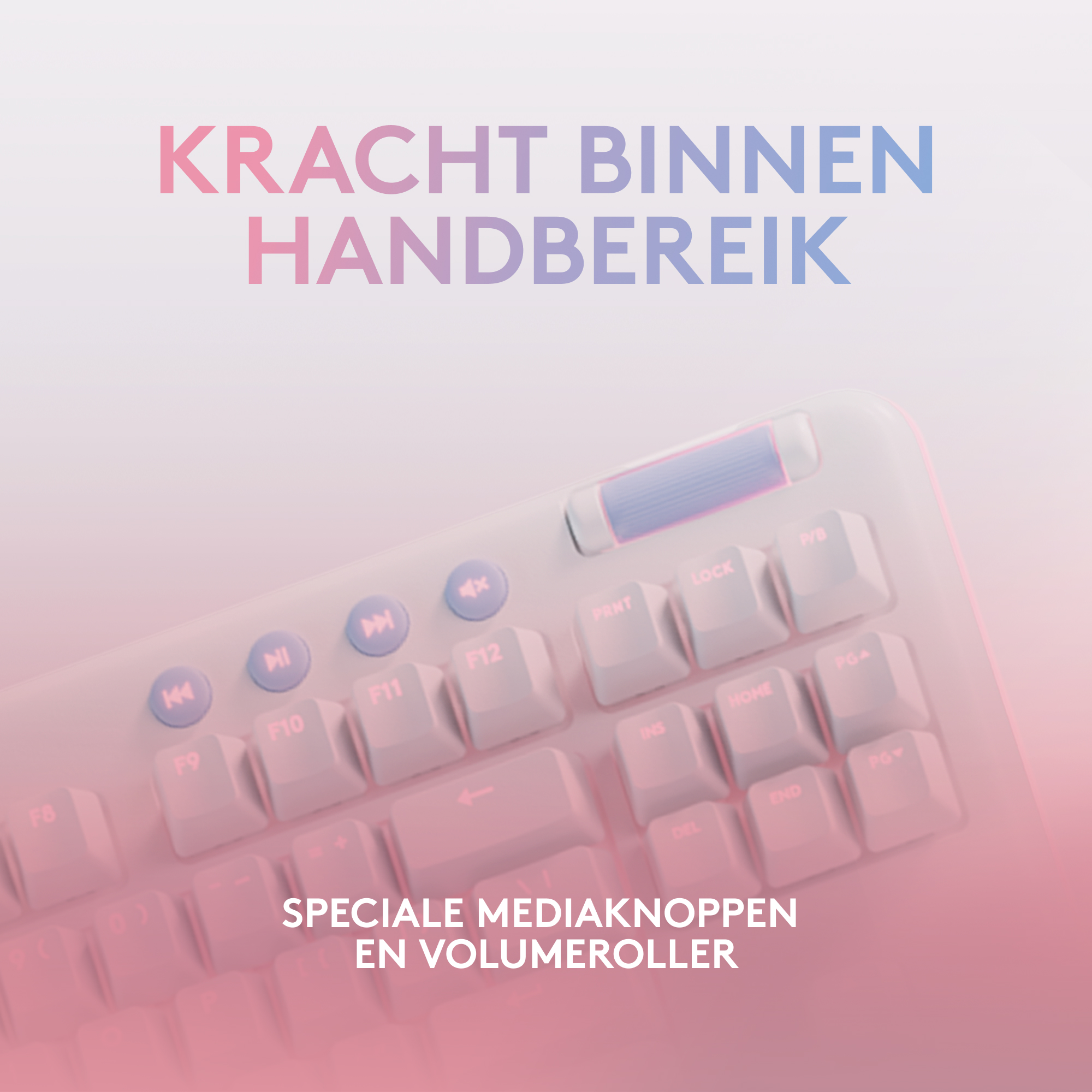 Primo piano di una tastiera rosa e bianca con pulsanti di controllo multimediali. Il testo è in olandese.