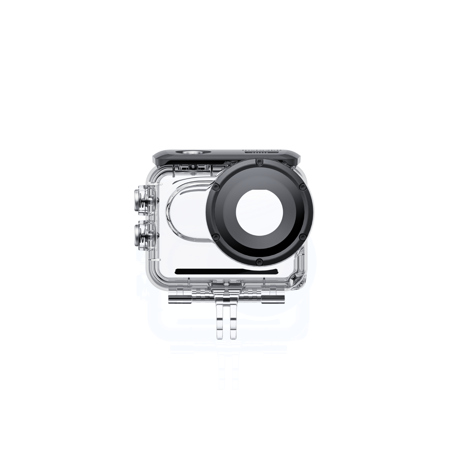 Przezroczysta kamera sportowa w etui ochronnym z niebieskimi akcentami na czarnym tle.
