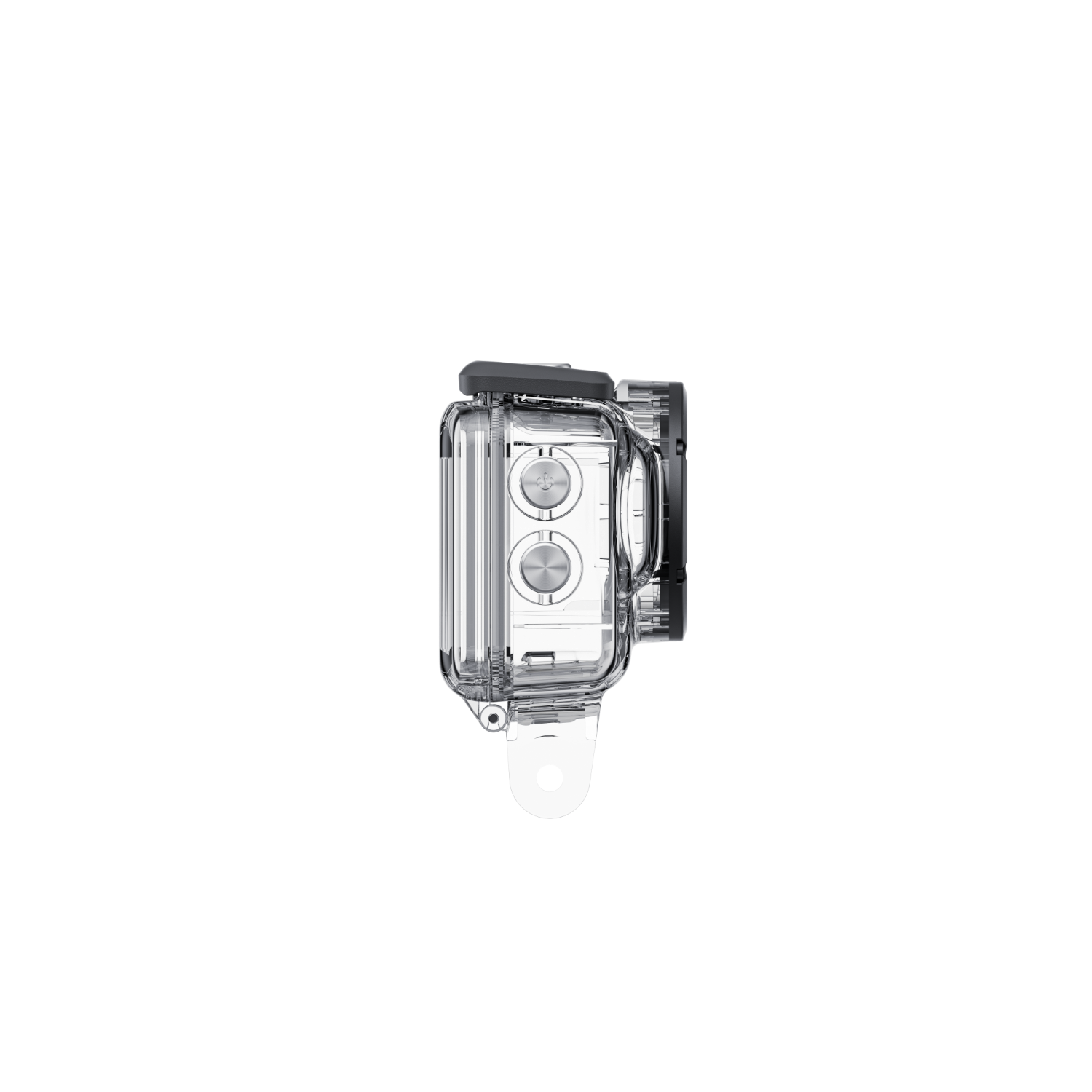 Przezroczysta, wodoodporna obudowa aparatu z czarną ramką.