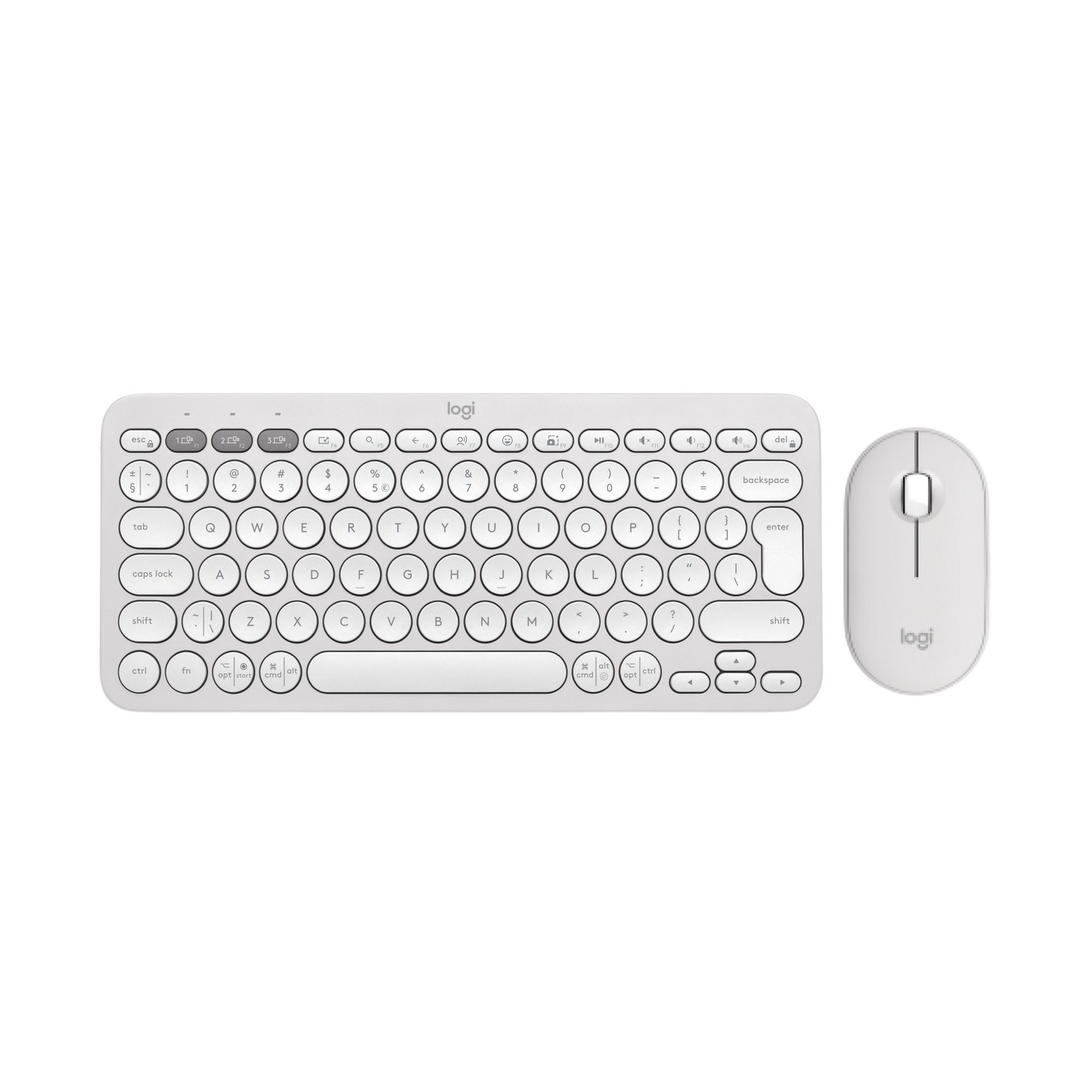 Biały bezprzewodowy zestaw klawiatury i myszy na czarnym tle. Klawisze klawiatury są białe.