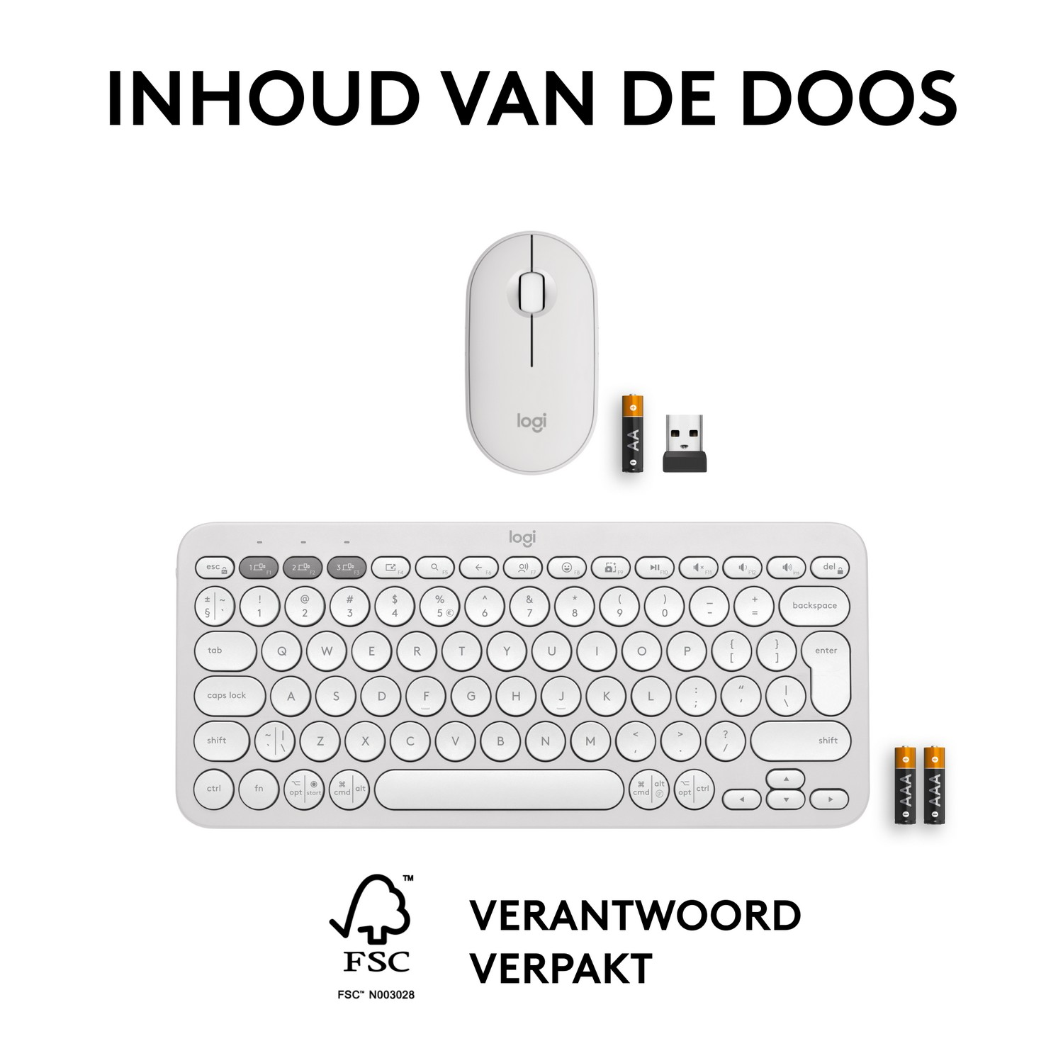 Biała klawiatura, mysz i baterie na białym tle, z tekstem.