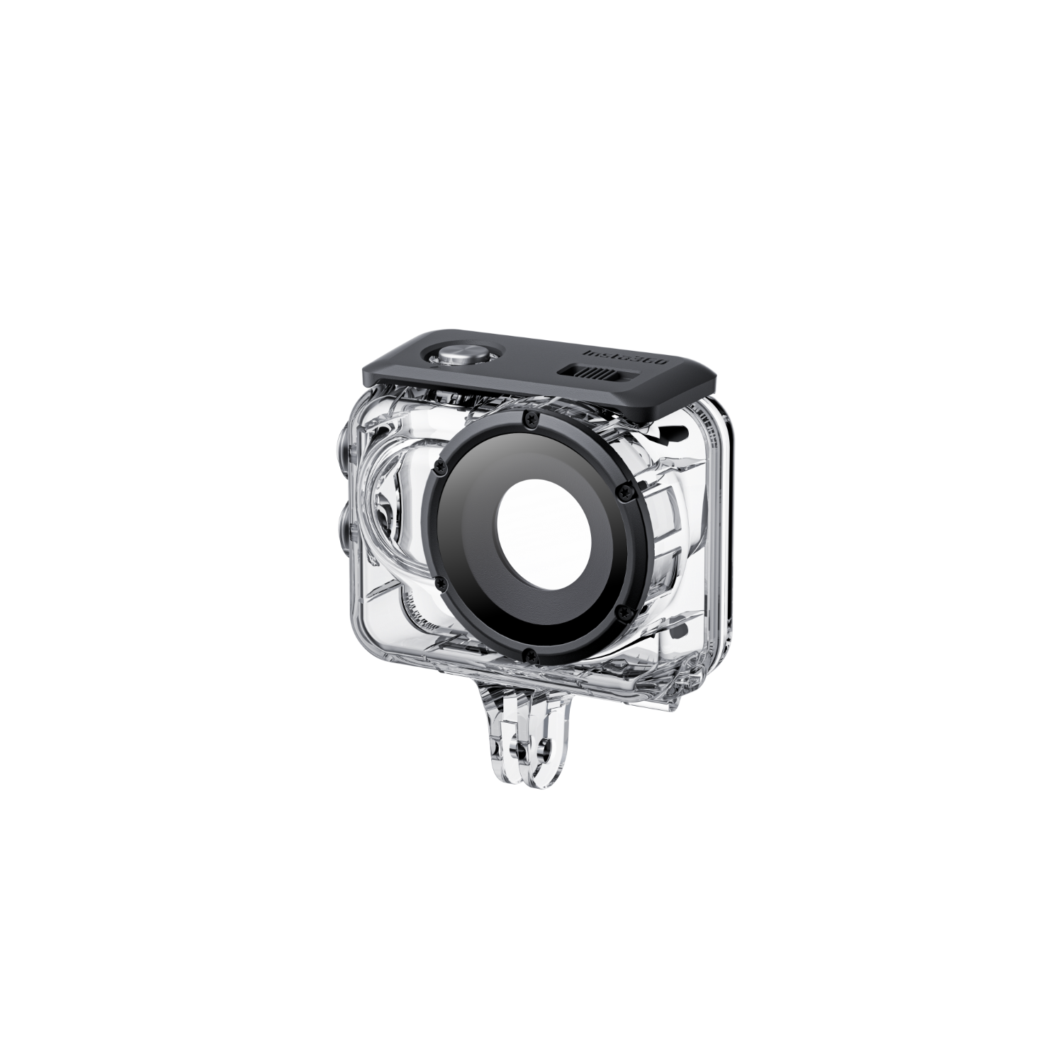 Przezroczysta kamera sportowa w wodoszczelnej obudowie na czarnym tle.