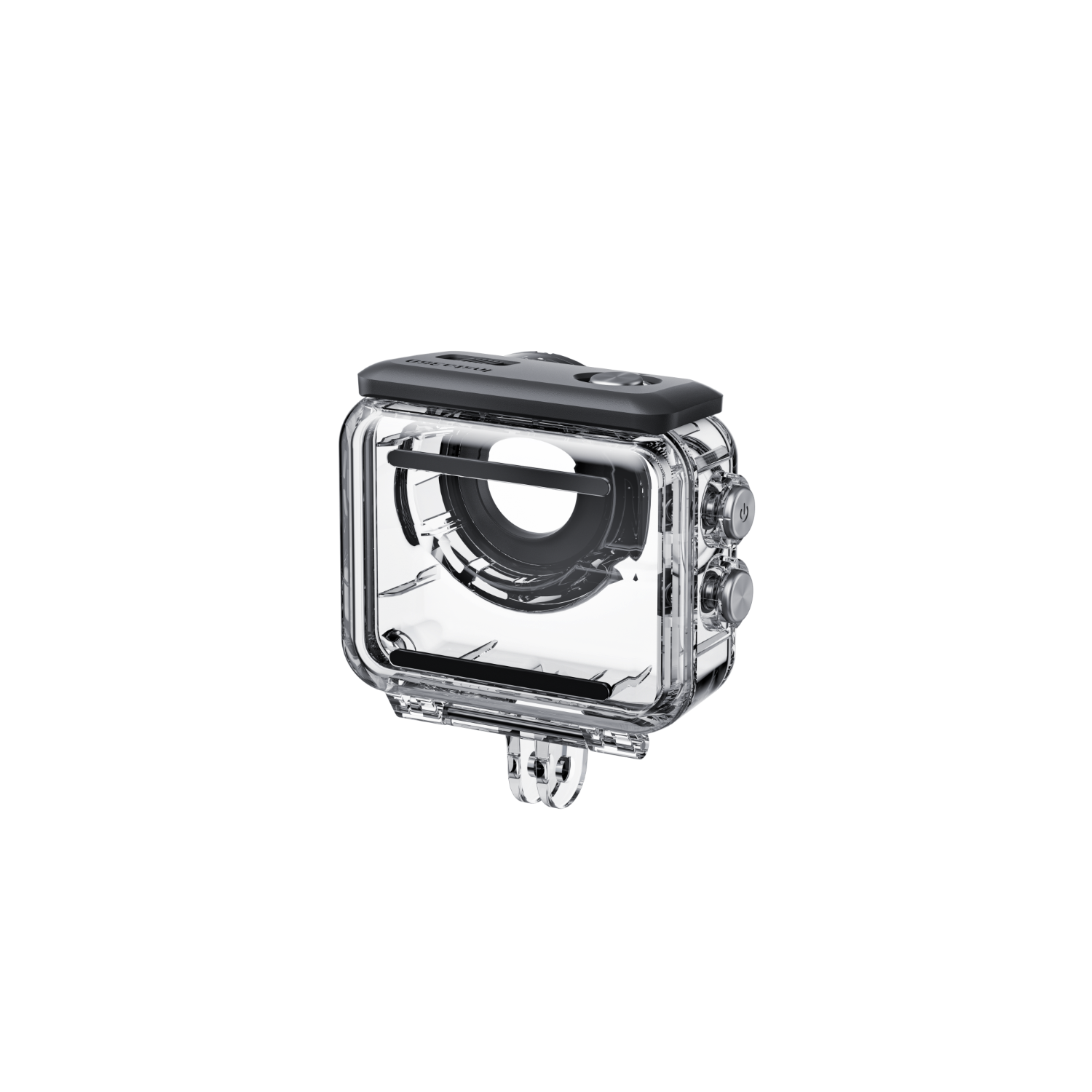 Przezroczysta, wodoodporna obudowa kamery z przyciskami i obiektywem.