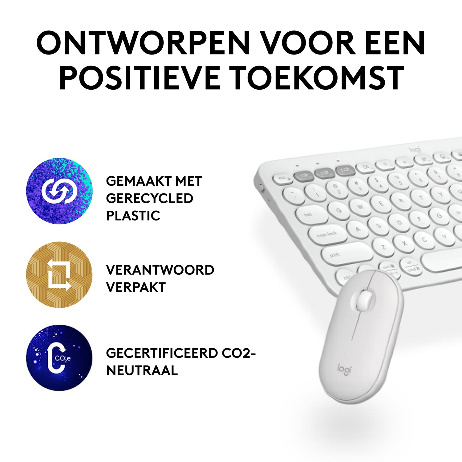 Biała klawiatura i mysz z grafiką. Tekst na obrazie jest w języku niderlandzkim.