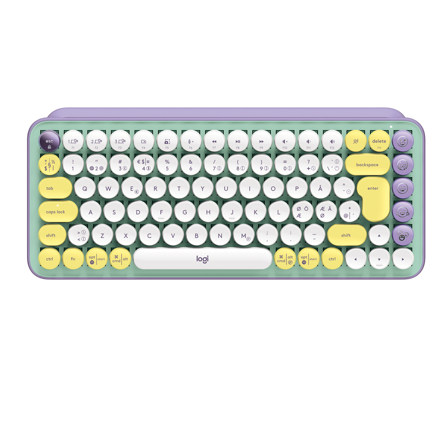 Una tastiera con cornice verde menta, tasti viola e accenti gialli. Ha un design a tasti rotondi.