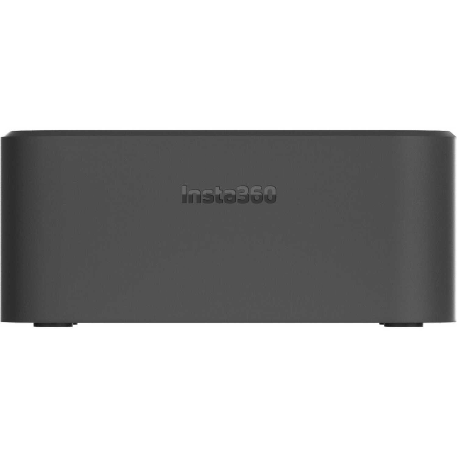 Dispositivo Insta360 negro, vista frontal, con logo Insta360 centrado.