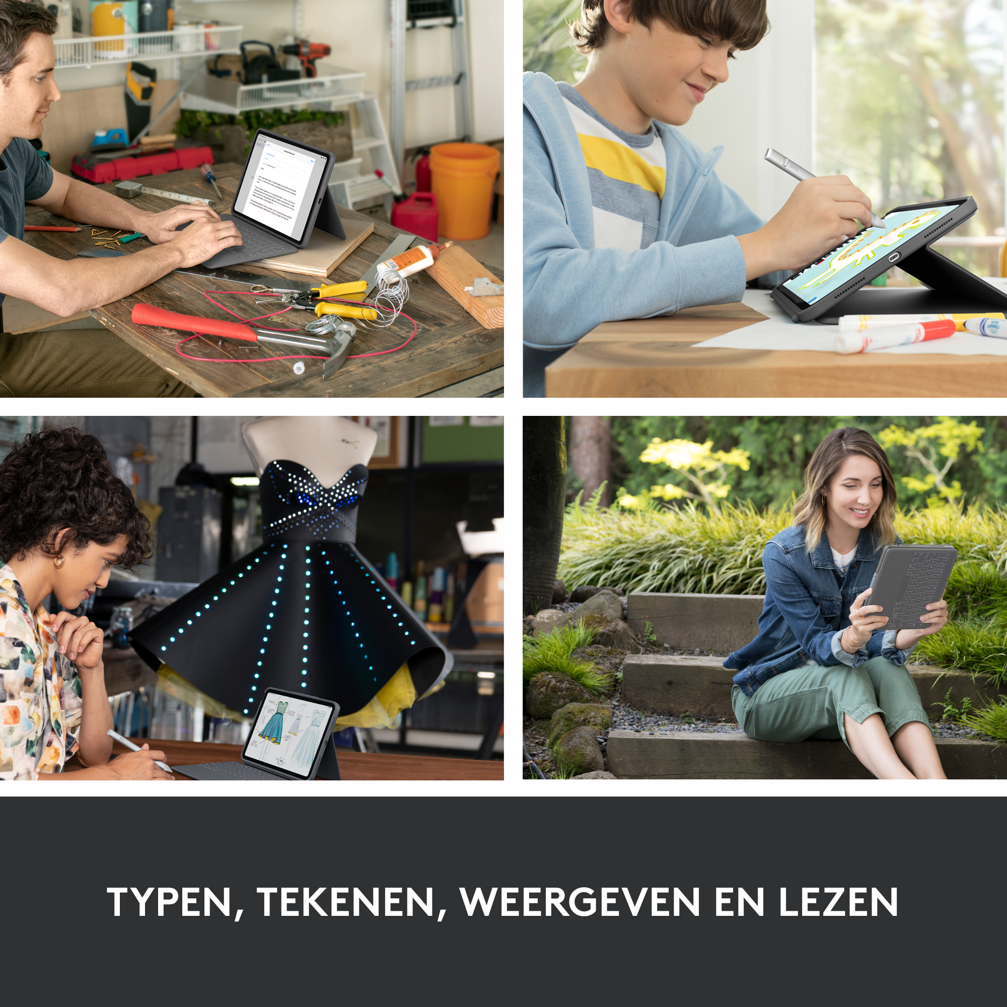 Un collage di persone che usano iPad con custodie con tastiera in vari contesti: lavoro, arte e tempo libero.