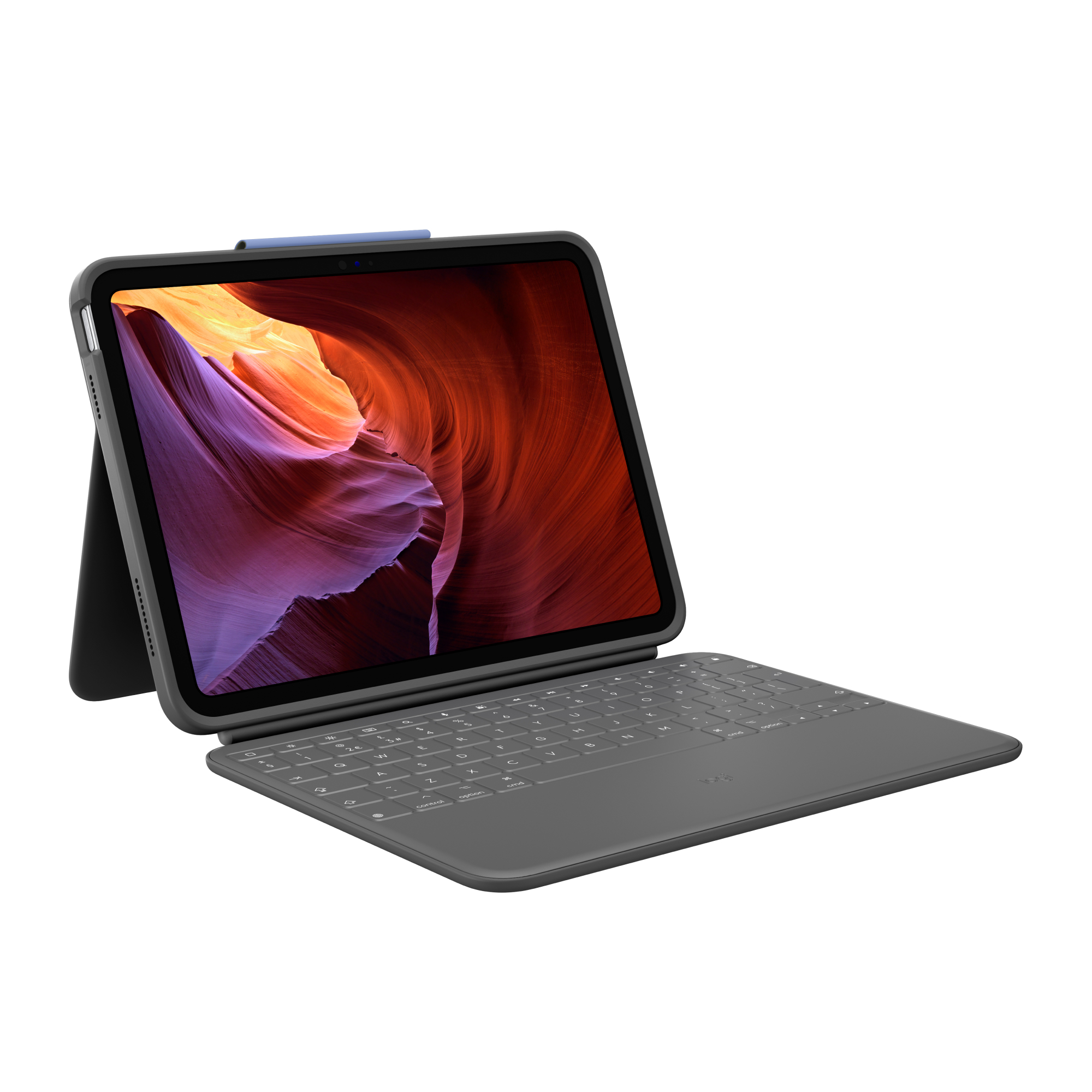 Un iPad con custodia con tastiera è mostrato aperto, mostrando un'immagine colorata di un canyon.