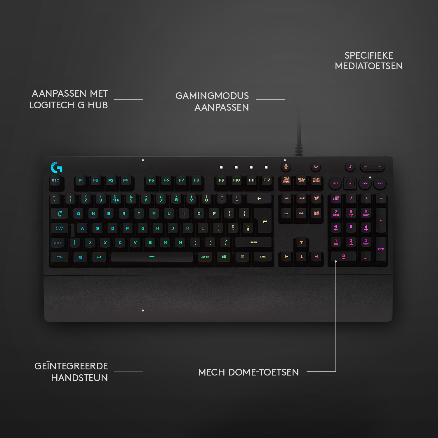 Zwart Logitech gaming toetsenbord met geïntegreerde polssteun en numpad.