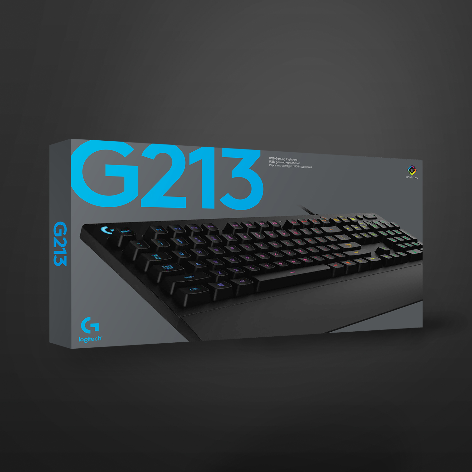 Verpakking met Logitech G213 RGB gaming toetsenbord en Logitech logo.