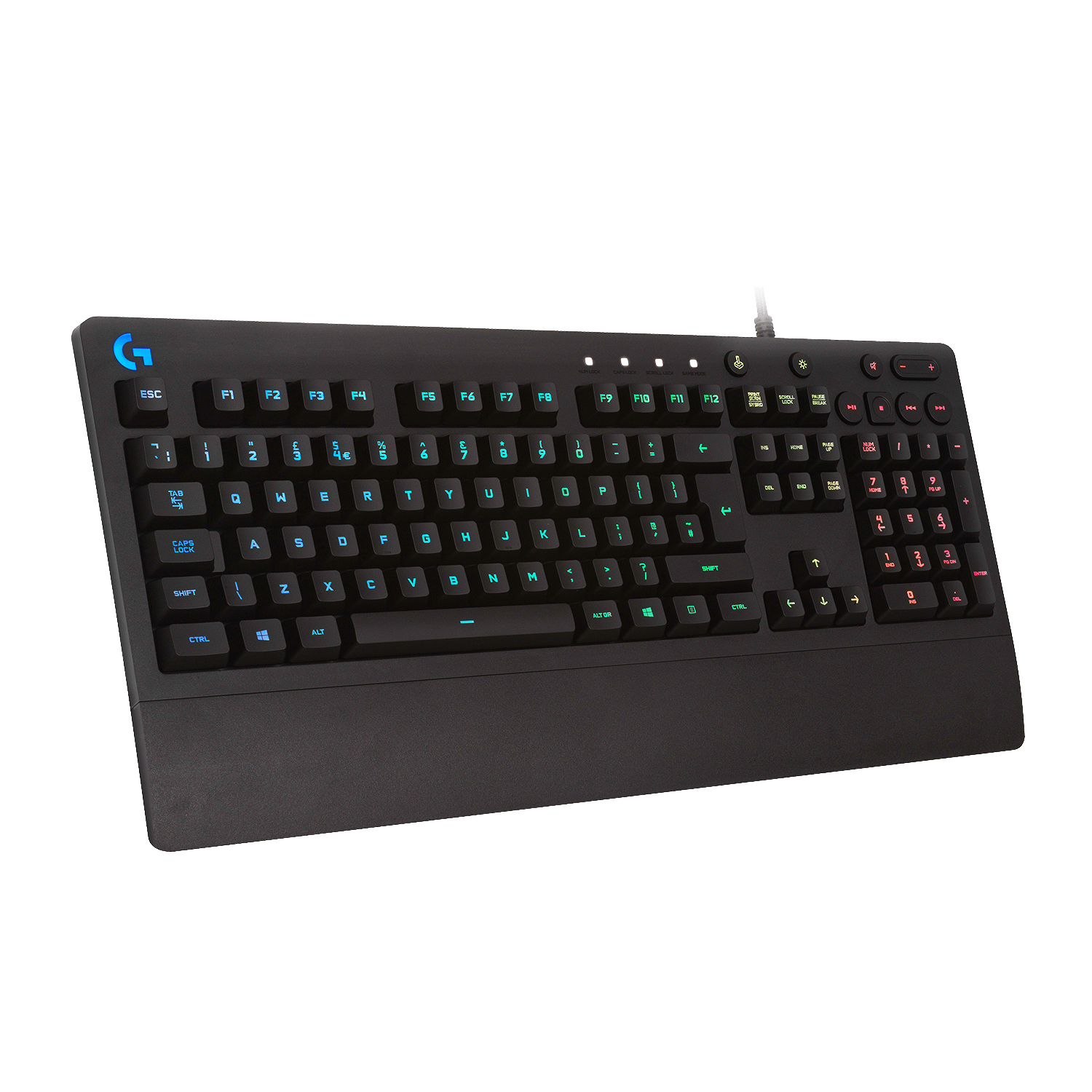 Een zwart Logitech gaming toetsenbord met blauwe en rode achtergrondverlichting.