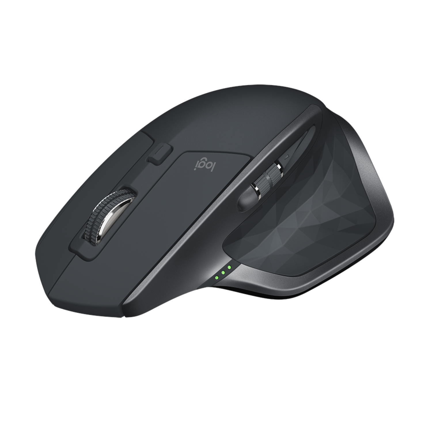 Ciemnoszara mysz Logitech z kilkoma przyciskami i kółkiem przewijania. Design jest ergonomiczny.