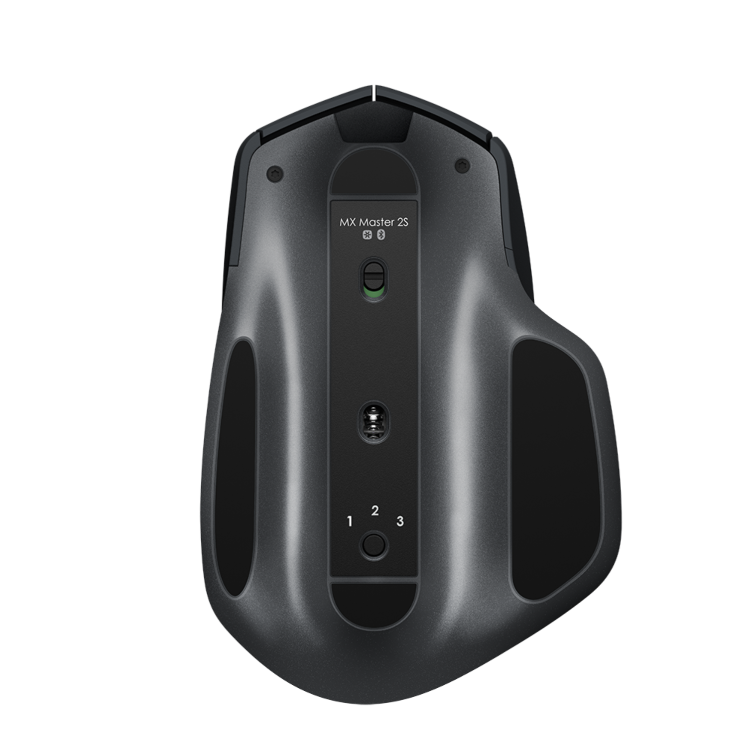 Spód myszy Logitech MX Master 2S, pokazujący przyciski i przełącznik zasilania.