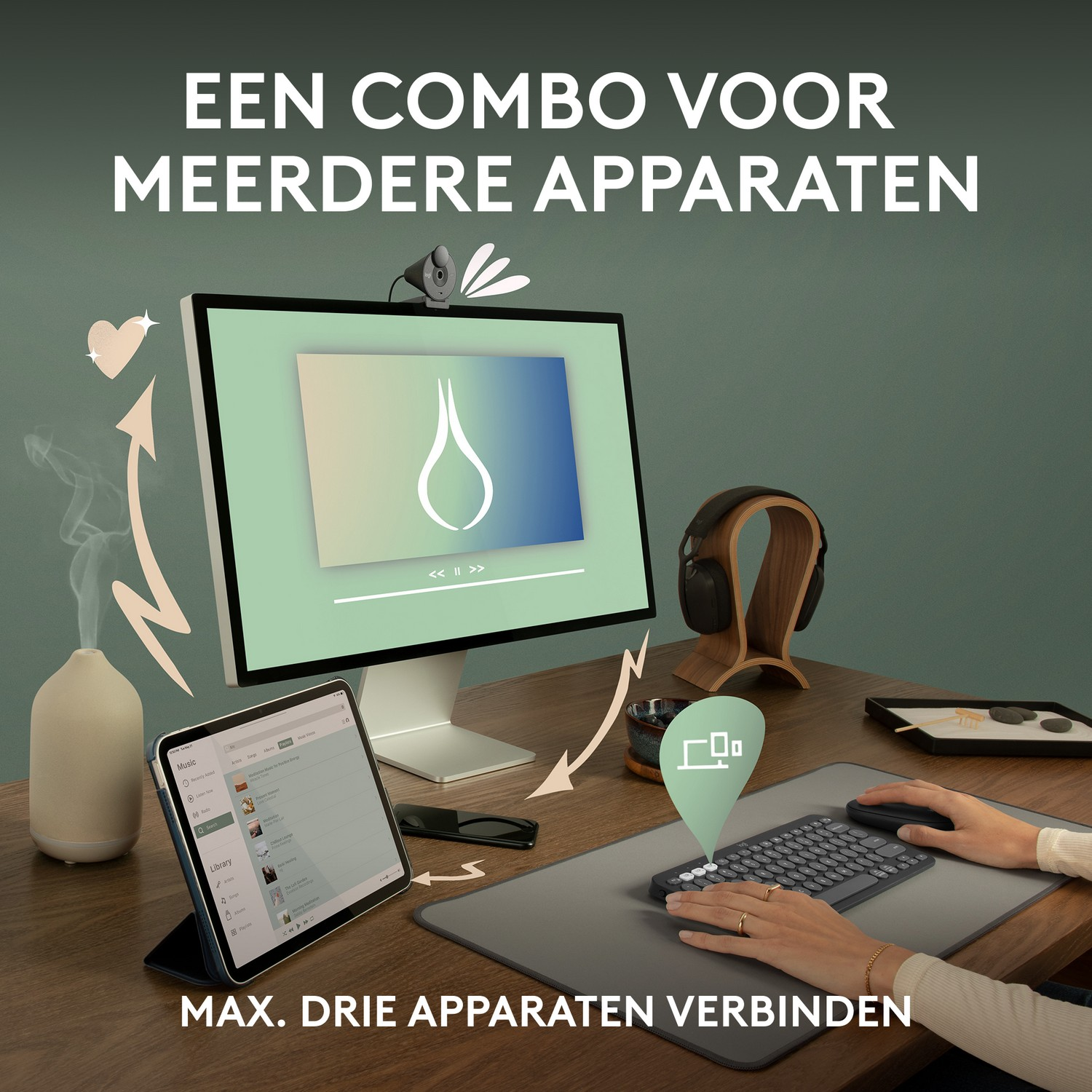 Przestrzeń robocza z monitorem, tabletem, klawiaturą i myszą oraz lampą biurkową, z tekstem.