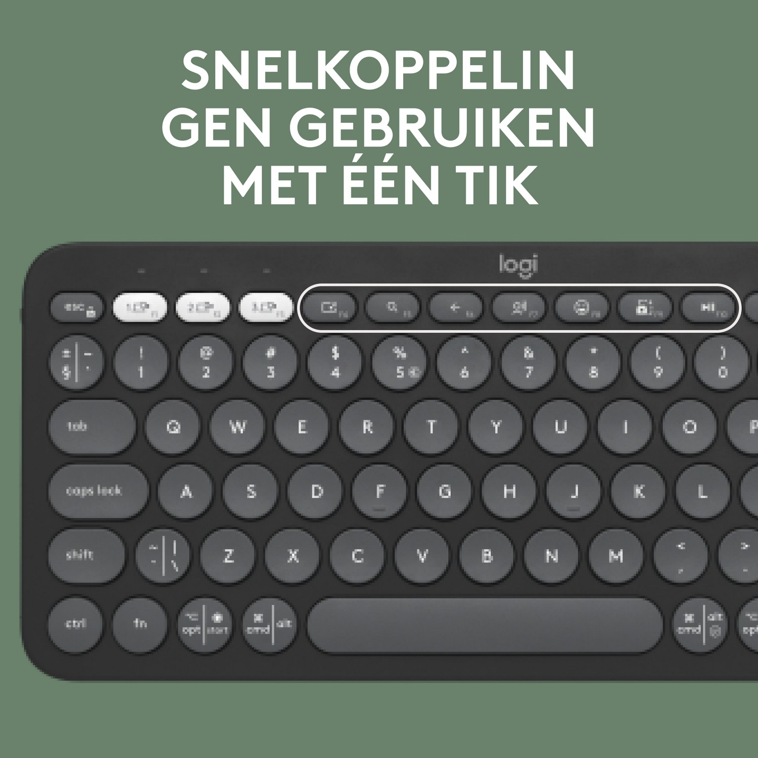 Czarna klawiatura z białymi klawiszami. Tekst w języku niderlandzkim brzmi: "Użyj szybkiego parowania jednym dotknięciem".