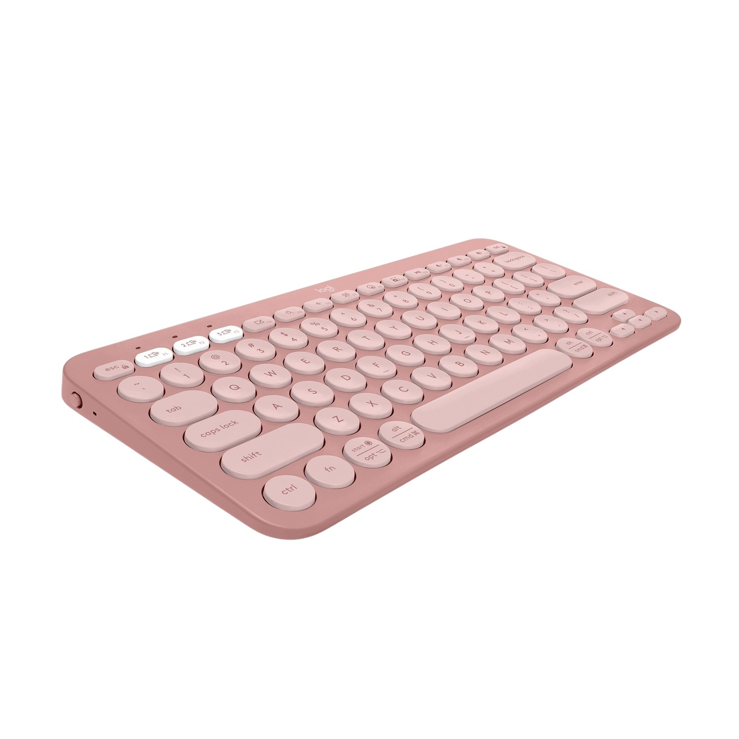 Różowa klawiatura z zaokrąglonymi klawiszami na białym tle. Klawiatura jest pochylona.