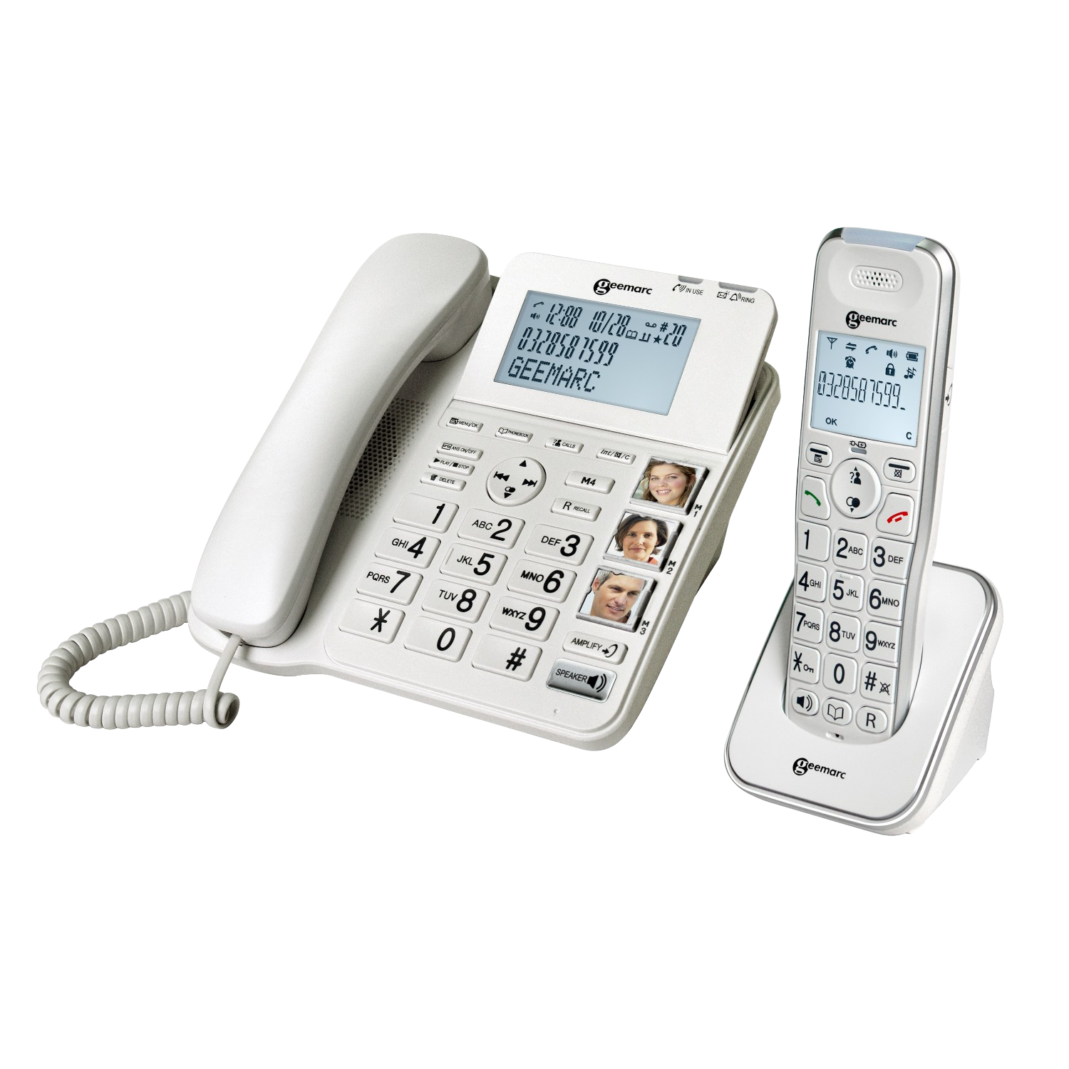 Telefono bianco con display e cornetta, e telefono cordless su supporto.