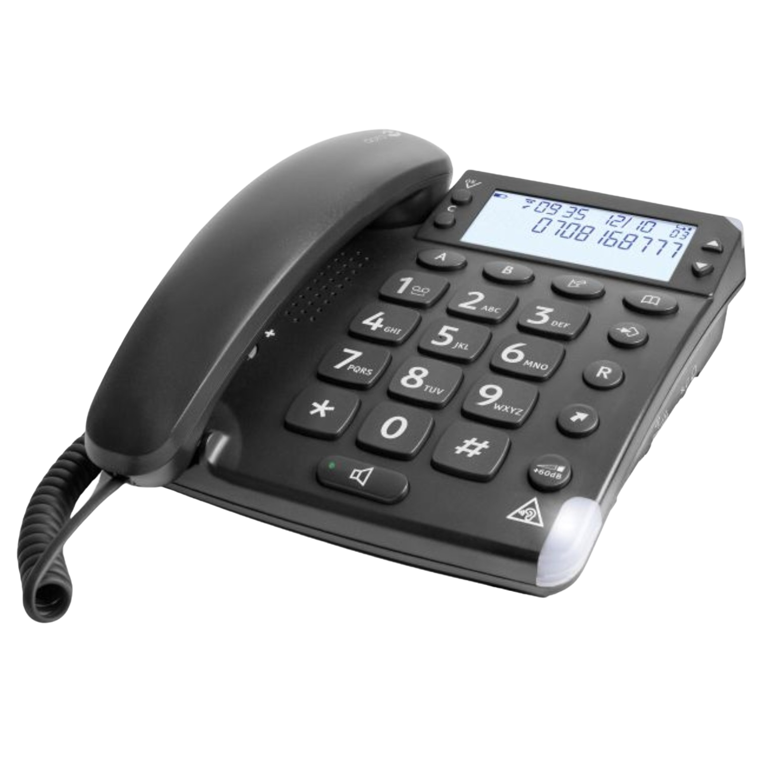 Black desk phone with buttons and a display, positioned on a dark surface.