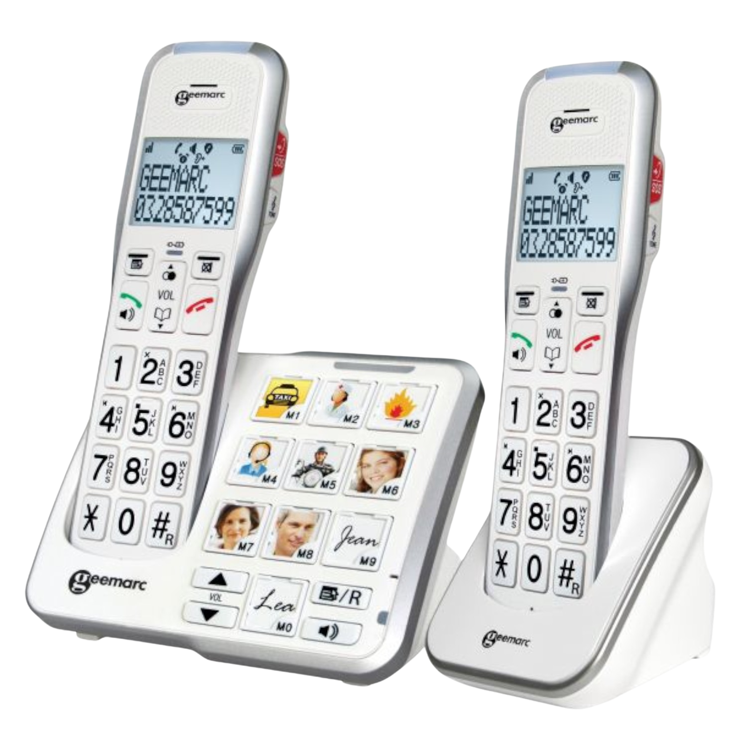 Due telefoni Geemarc, uno con base e l'altro su una base di ricarica.