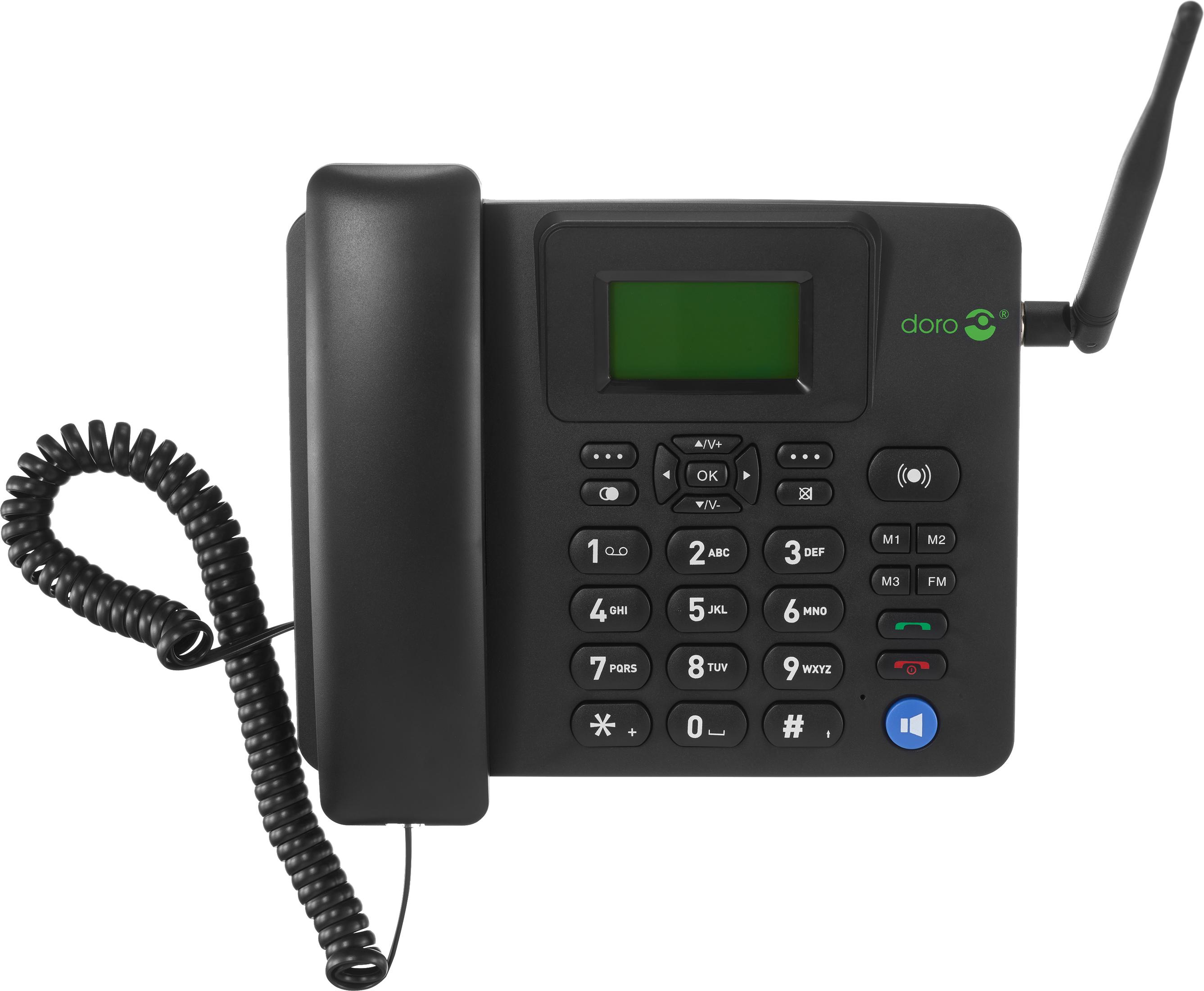 Teléfono fijo negro con pantalla. Negro. Fondo blanco.