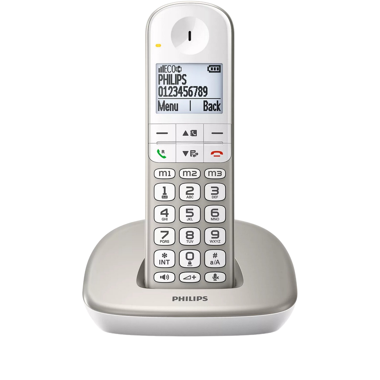 Un téléphone sans fil Philips blanc avec un écran affichant des chiffres et des boutons.