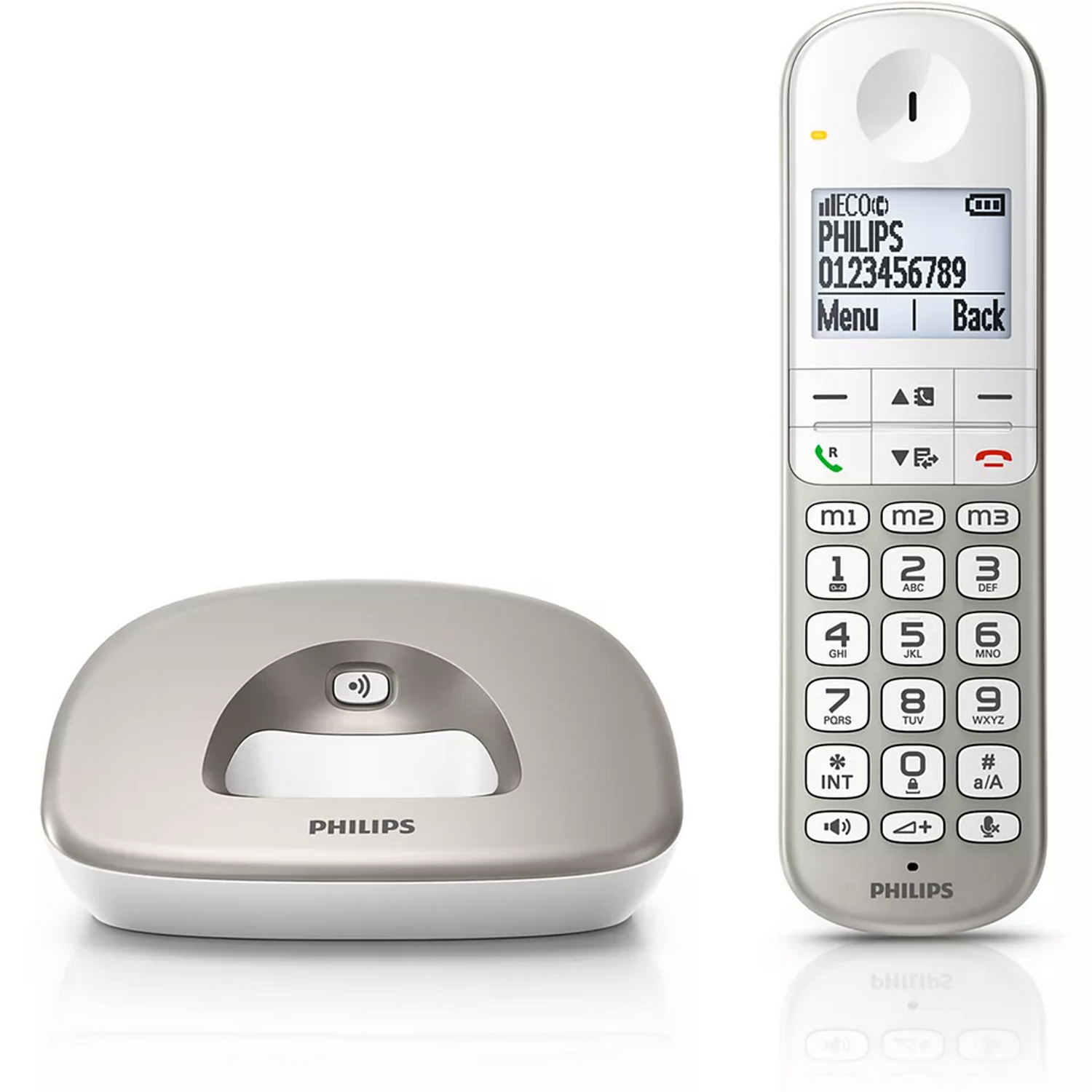 Base et combiné de téléphone sans fil blancs. Le combiné a un écran affichant des numéros et des options de menu.