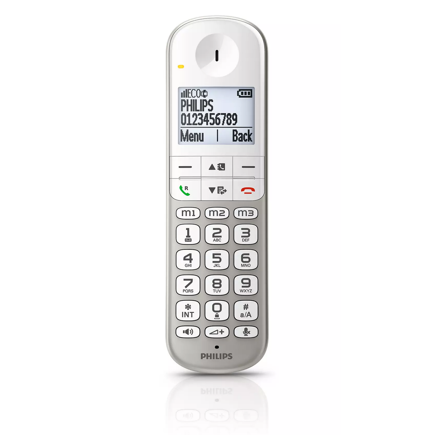 Un téléphone sans fil blanc avec un écran affichant un numéro de téléphone. Les boutons sont visibles.