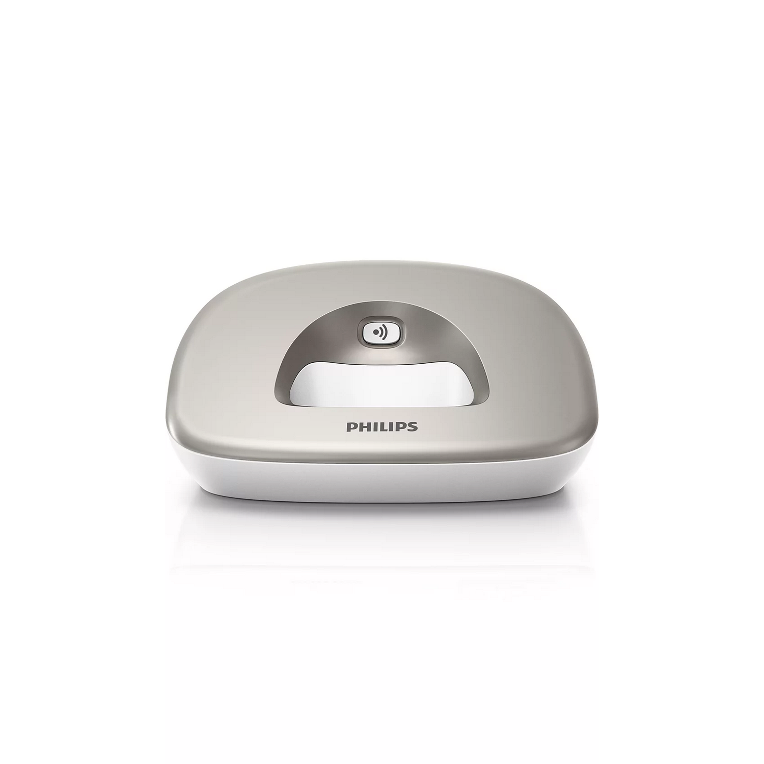 Appareil Philips ovale, gris clair, avec un bouton sur le dessus, posé sur une surface blanche.
