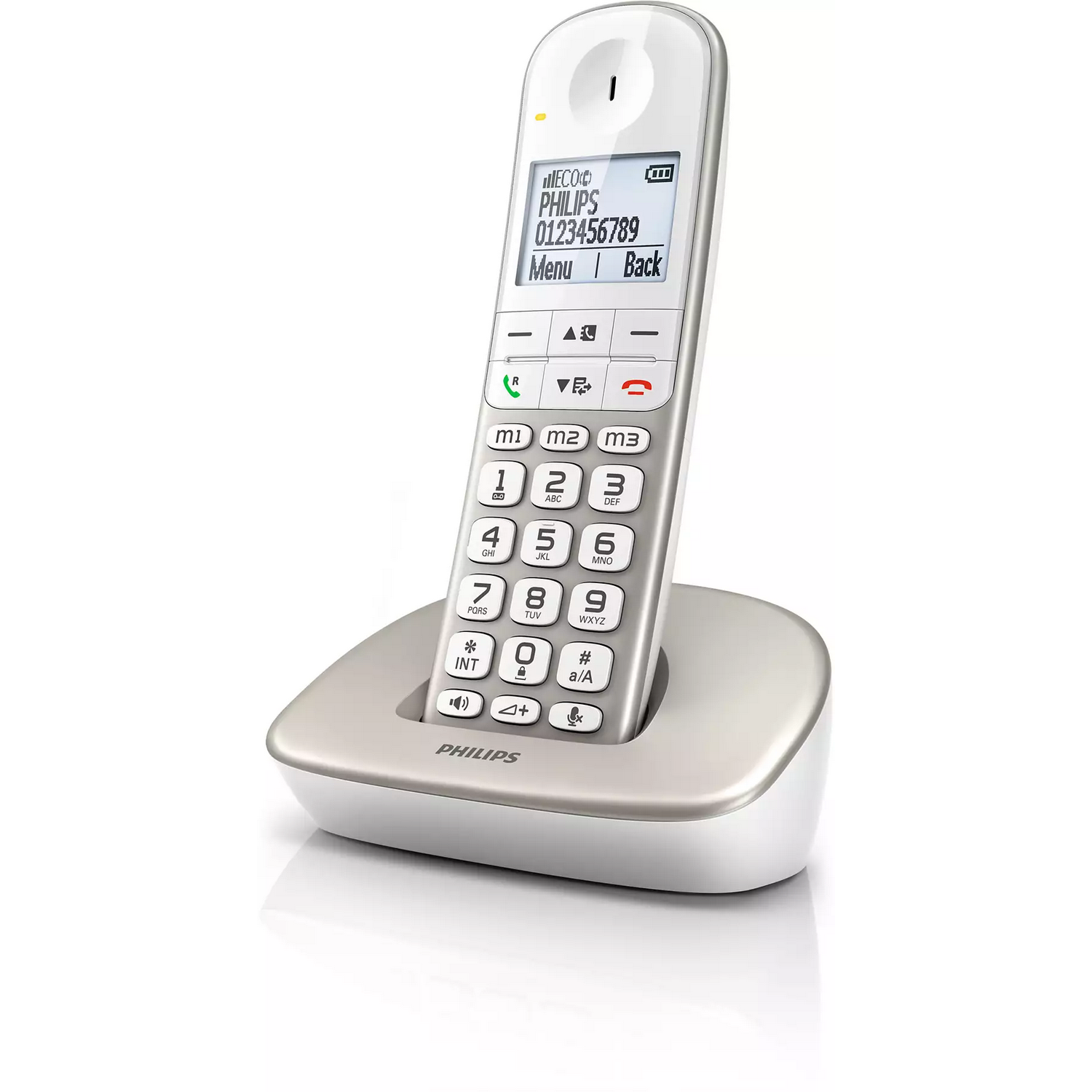 Un téléphone et une base sans fil Philips blancs, avec un écran affichant des chiffres, sur une surface blanche.