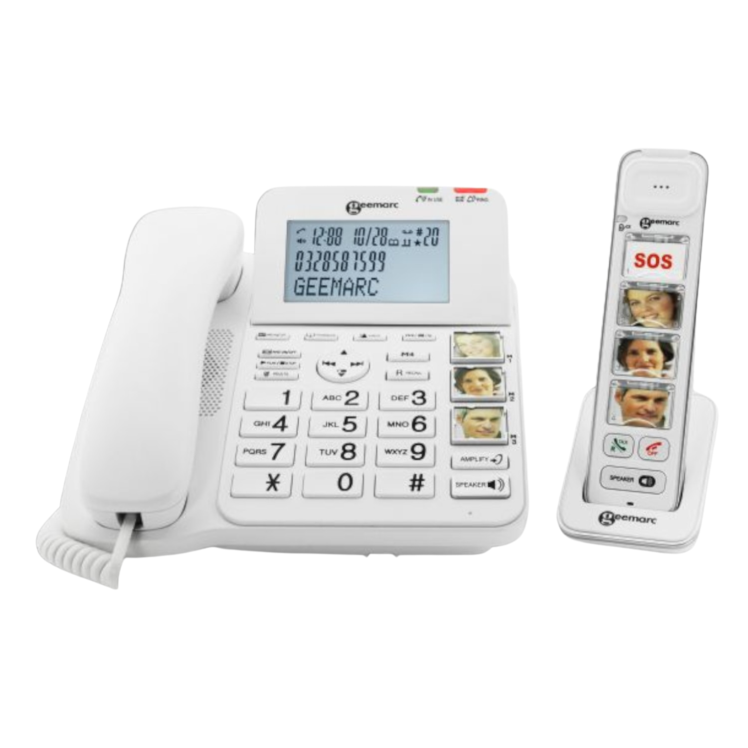 Telefono fisso bianco con cornetta e base. La base ha contatti per le chiamate di emergenza.
