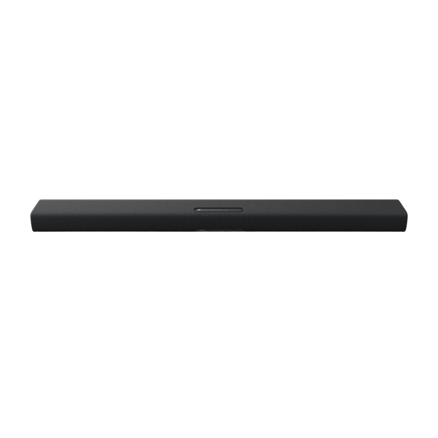 Soundbar nera con sfondo scuro, design minimalista.