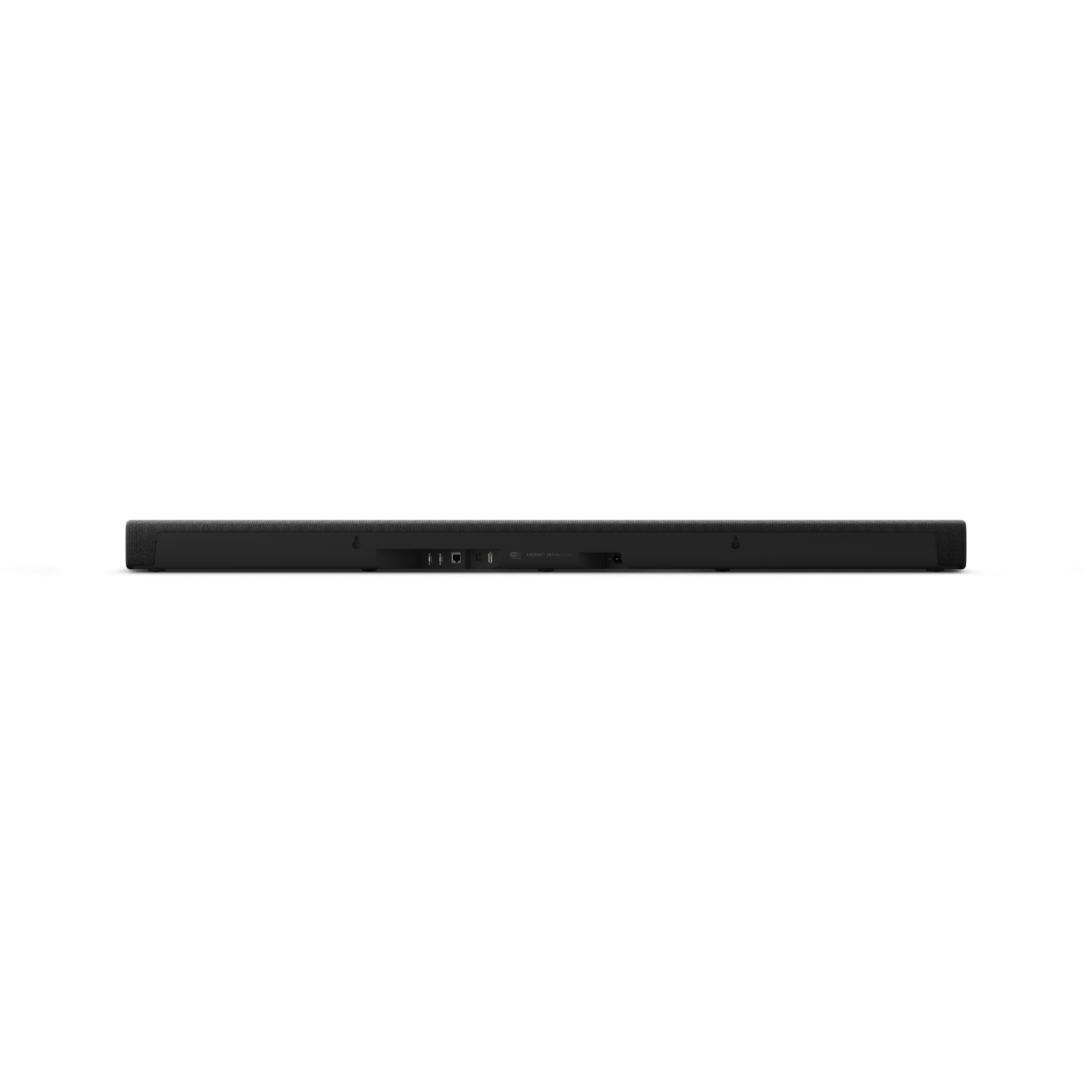 Soundbar nera, vista da dietro. Connettori e porte visibili. Sfondo nero.