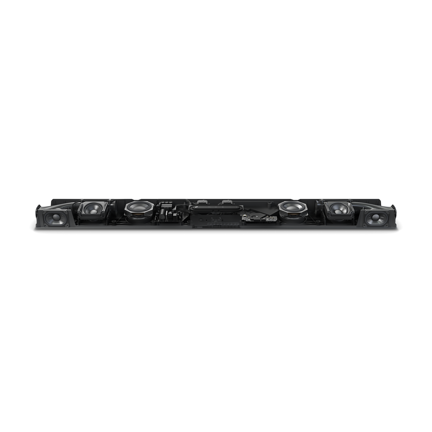 Soundbar. Lunga, nera, con altoparlanti e componenti interni visibili. Sfondo bianco.