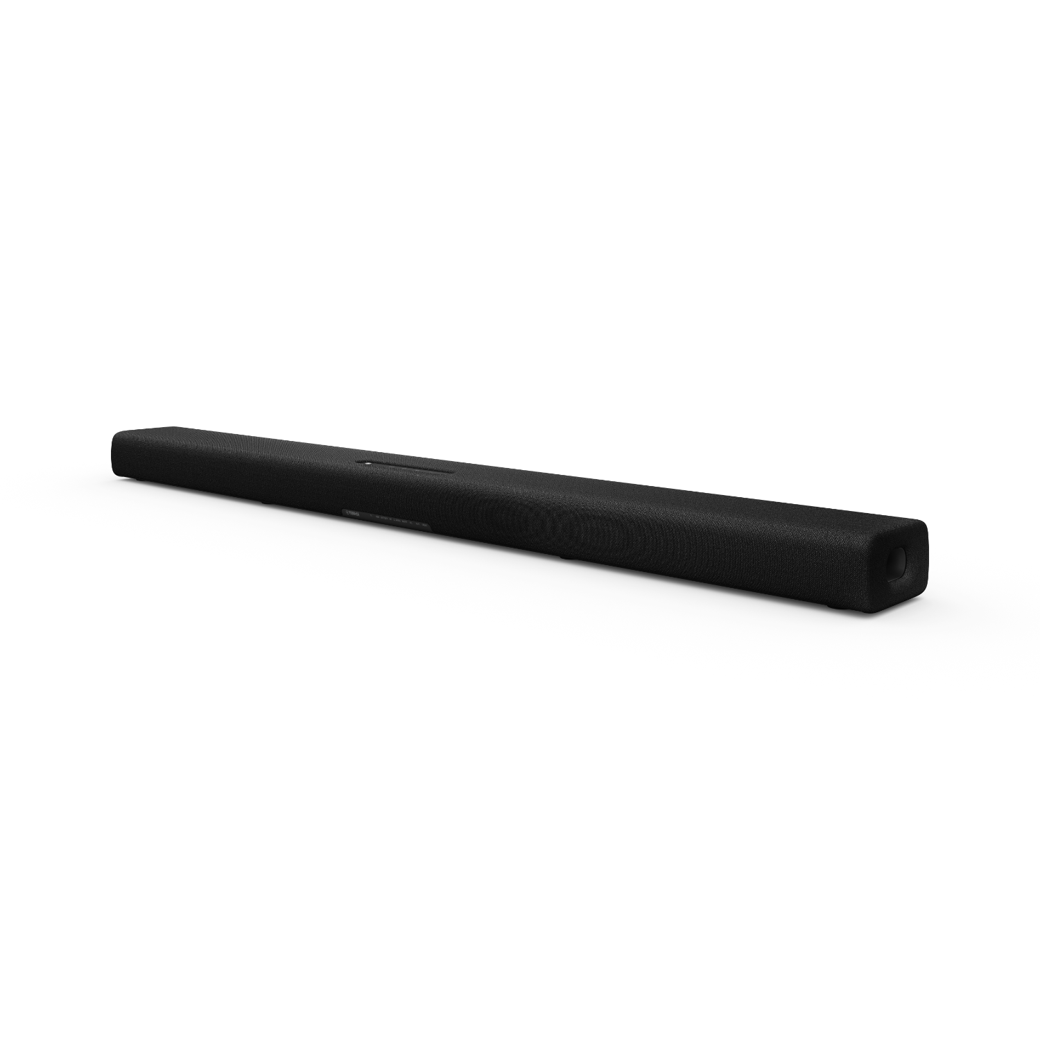 Soundbar Yamaha nera. Forma rettangolare, rete nera e logo Yamaha. Sfondo nero.