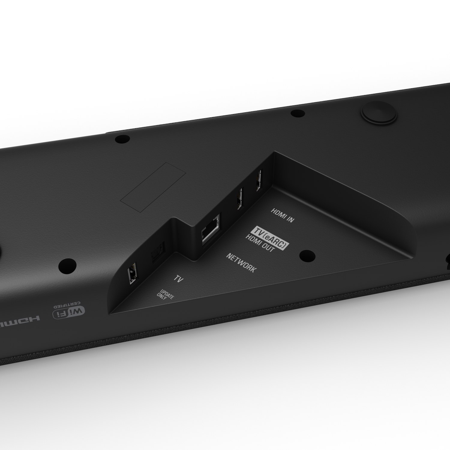 Soundbar nera con porte di connessione. Porte HDMI e altre etichette di connessione.