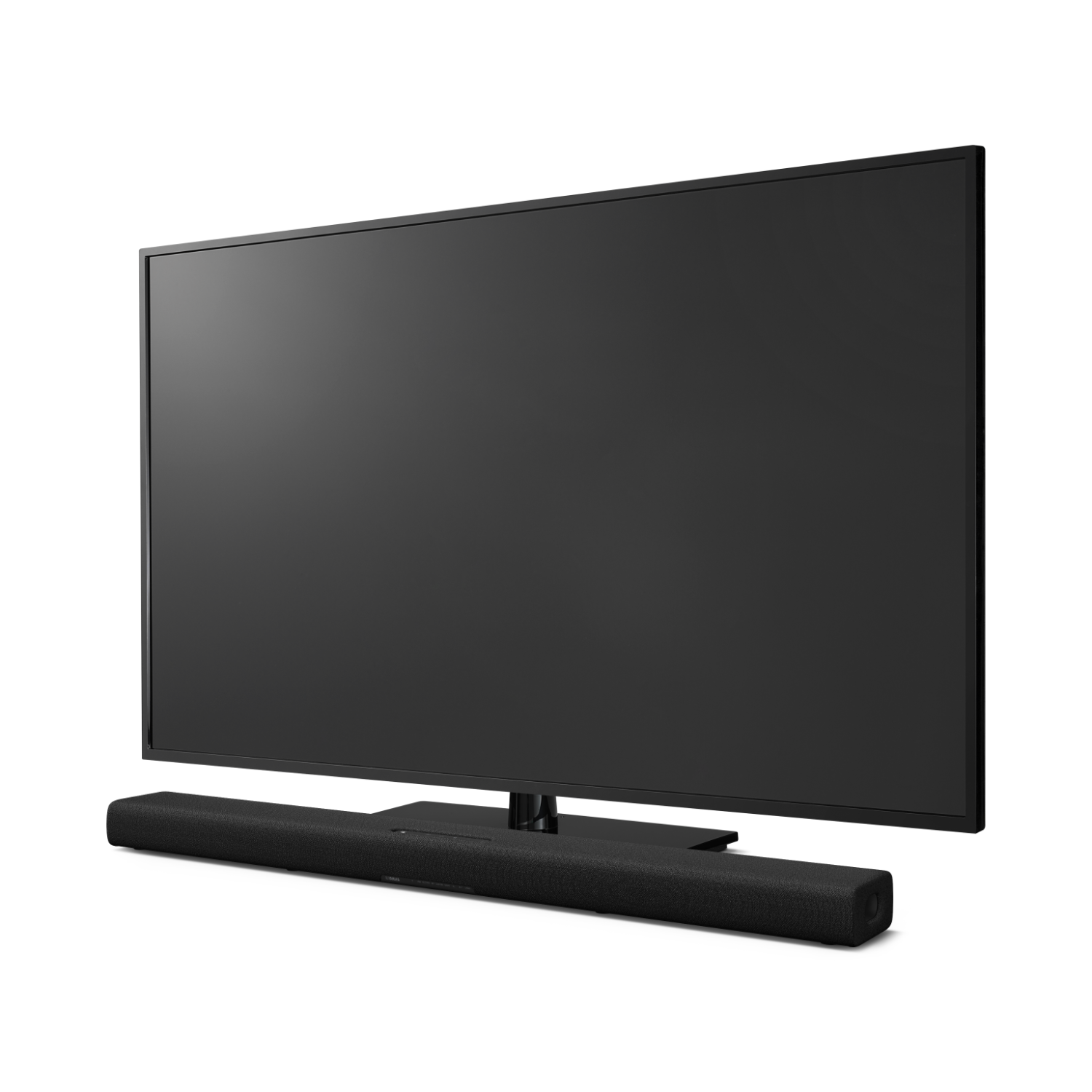 TV nero e soundbar su sfondo bianco. Il televisore è acceso.