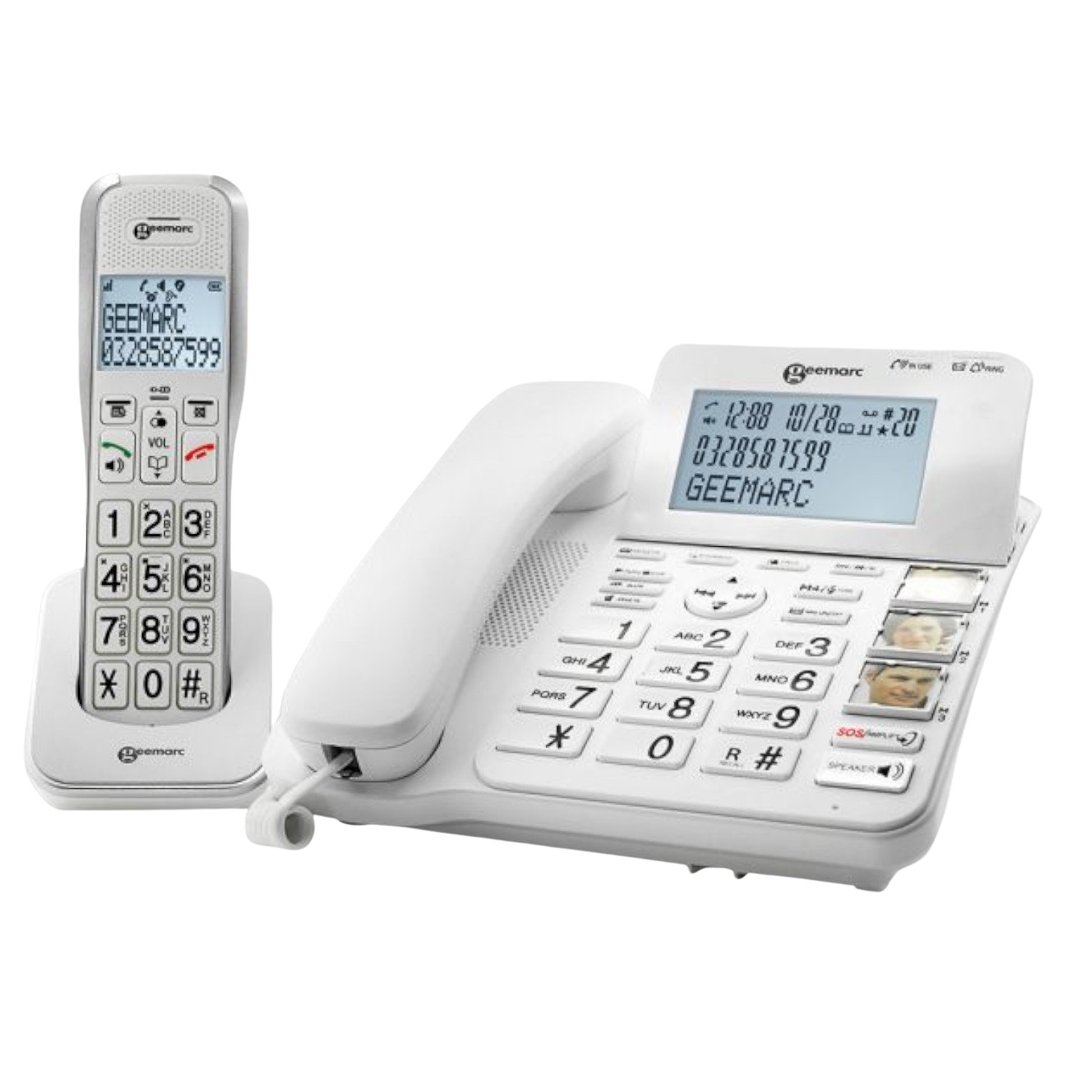 Un telefono fisso bianco con cornetta separata e una piccola stazione base, ognuno con display.