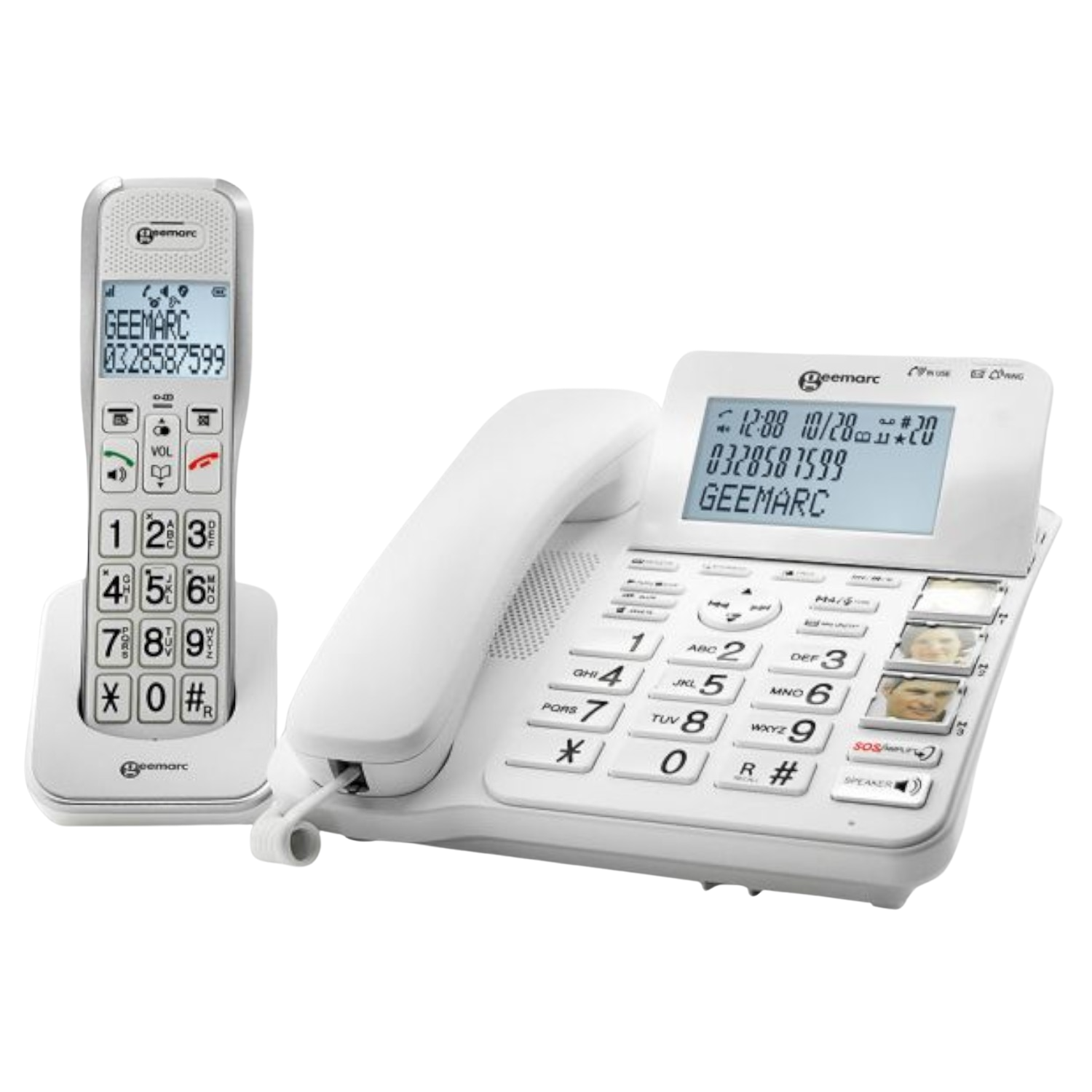 Telefono cordless bianco con tasti e display grandi. Sono visibili il portatile e la stazione base.