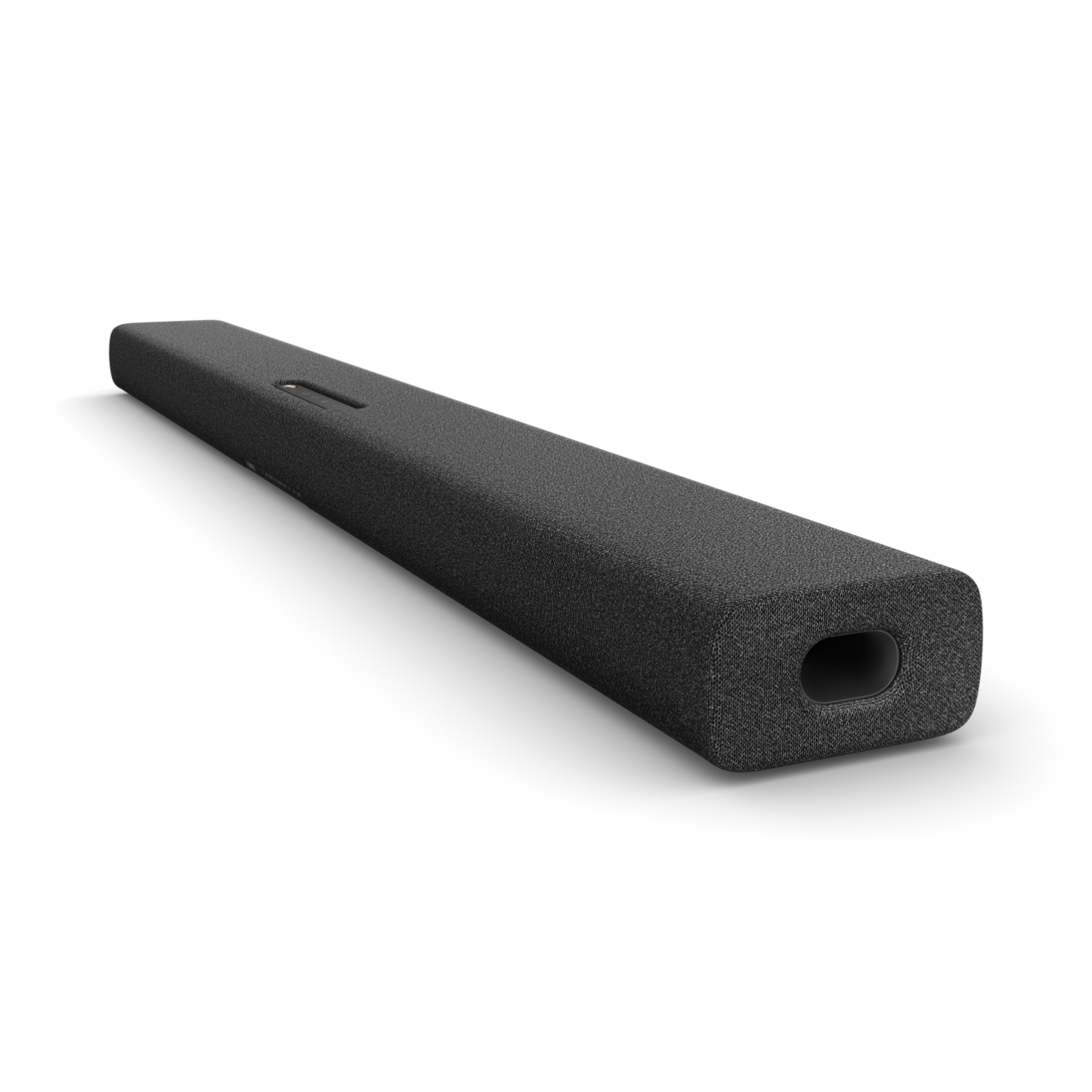 Czarny soundbar z materiałową osłoną, umieszczony poziomo. Design jest prostokątny z zaokrąglonymi rogami.