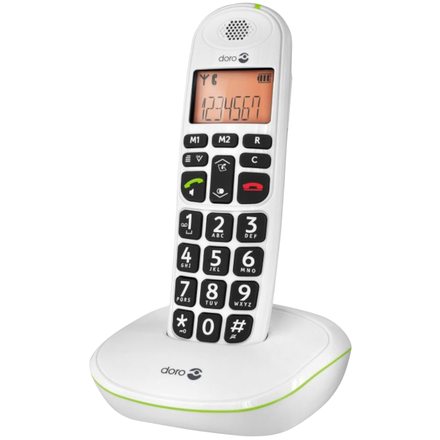 Telefono cordless bianco con pulsanti grandi e schermo, su una base bianca. Accenti verdi.