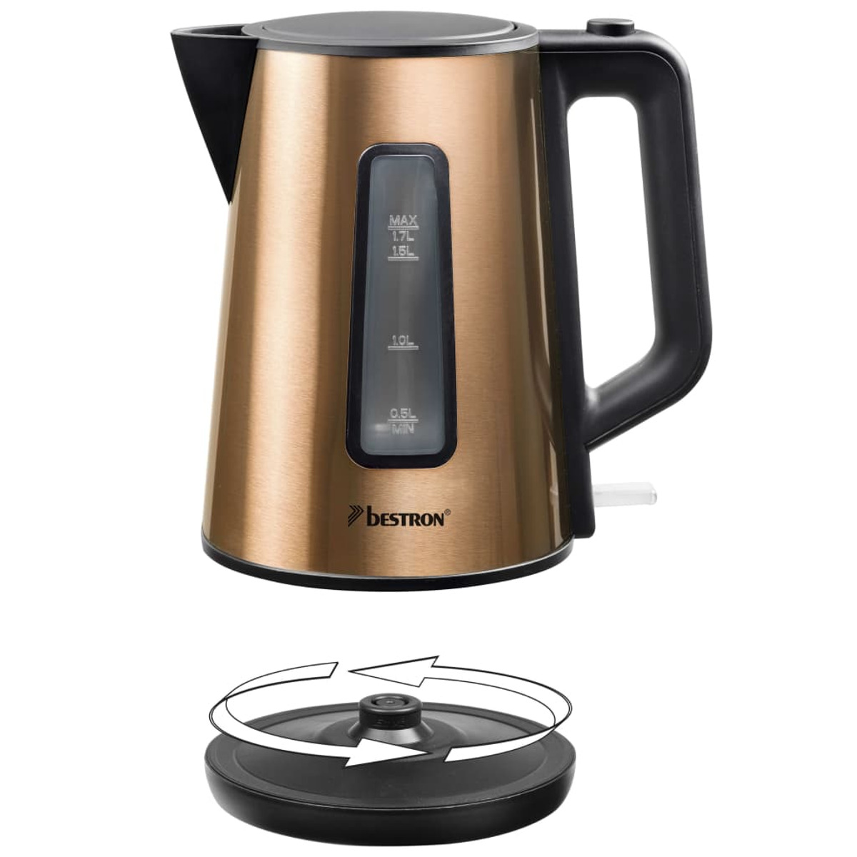 Bollitore elettrico color oro con manico e base neri. Dotato di indicatore del livello dell'acqua.