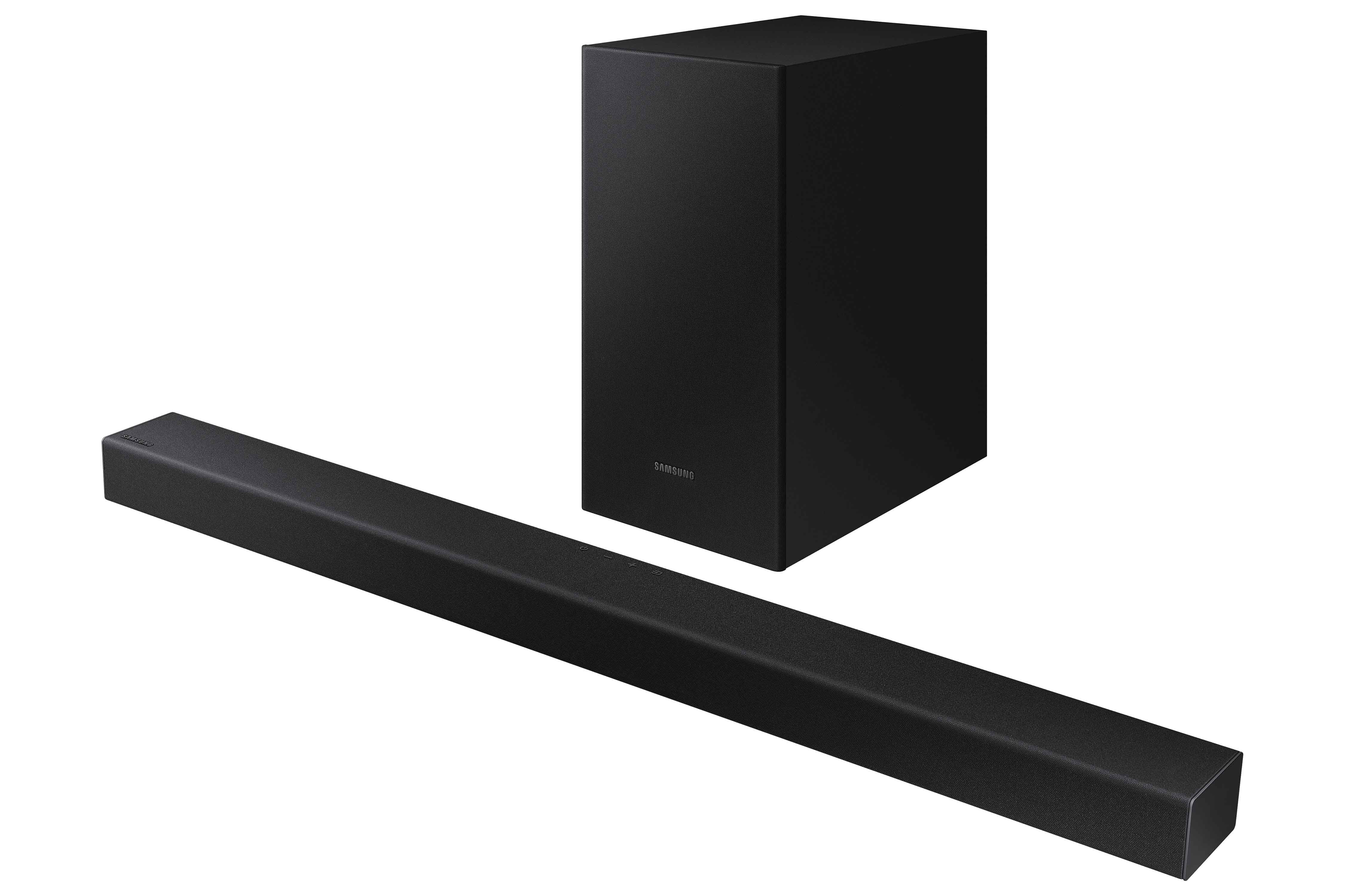 Ensemble barre de son et caisson de basses Samsung noir. La barre de son est longue, le caisson est un cube.