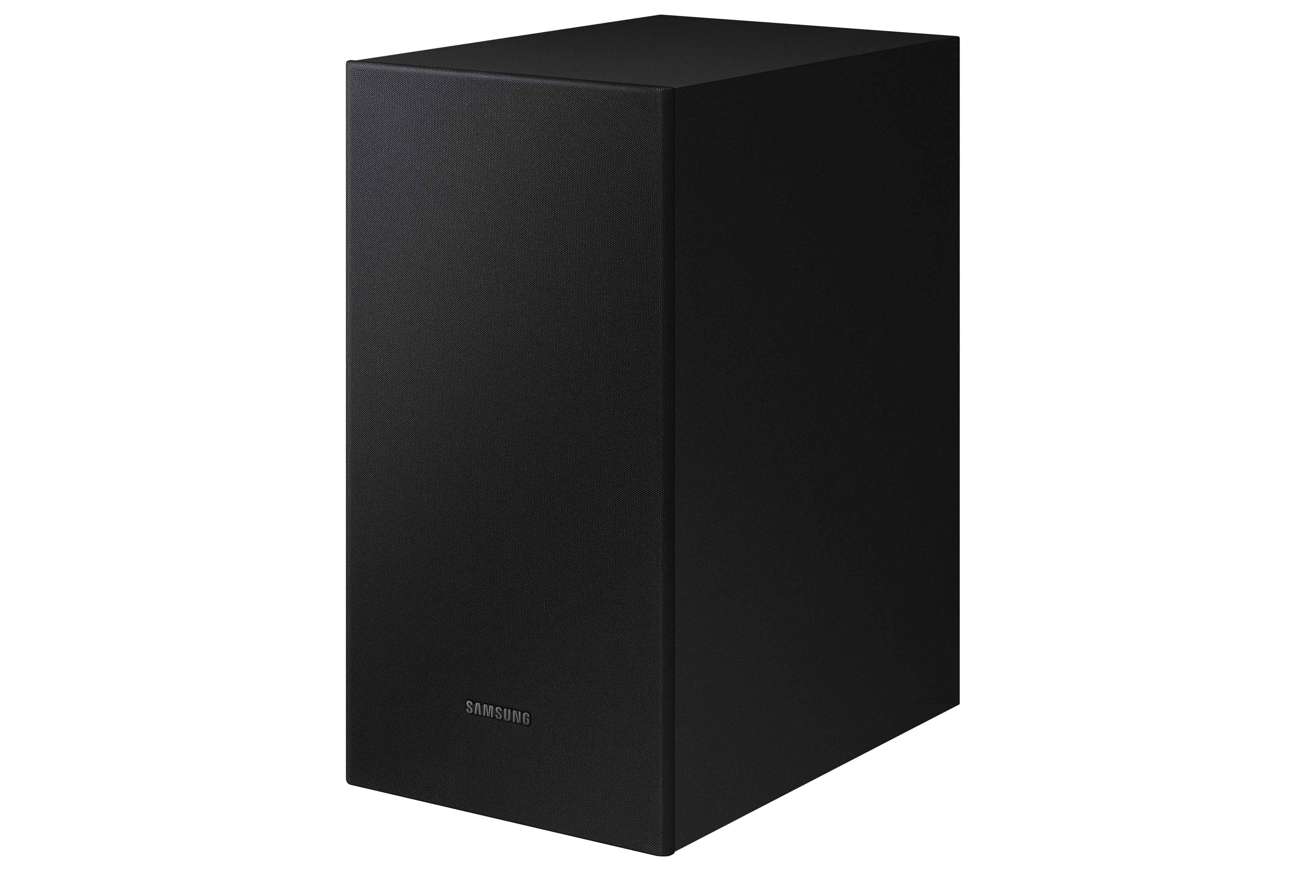 Caisson de basses noir, forme carrée, avec le logo Samsung à l'avant.